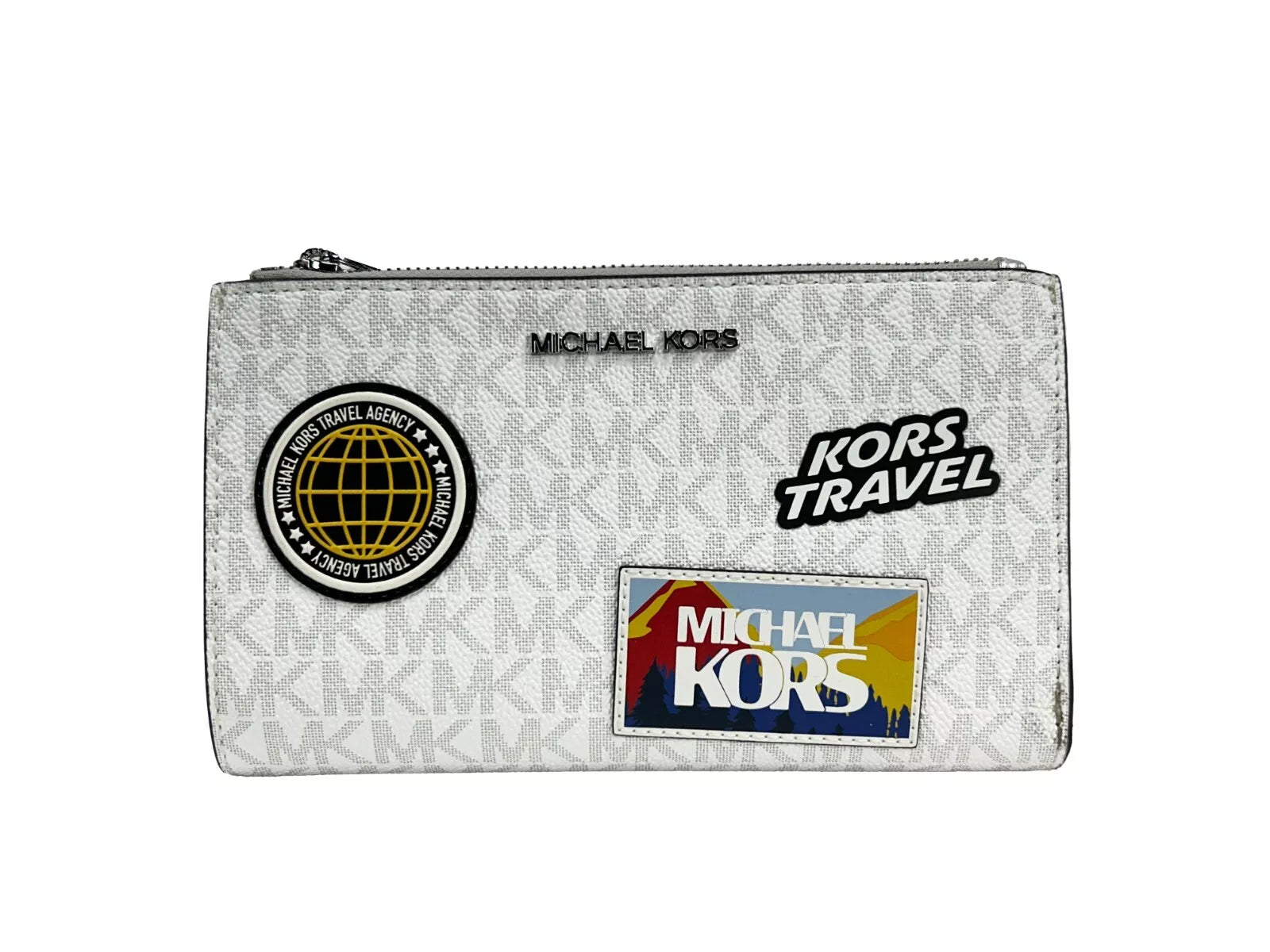 Michael Kors Jet Set Travel Geldbörse mit doppeltem Reißverschluss und Handgelenksriemen, Weiß