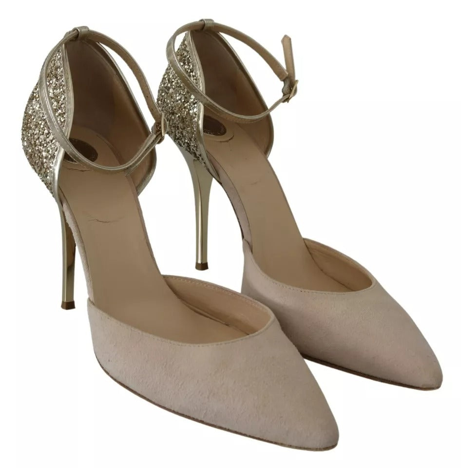 Elisabetta Franchi Beige Leinen High Heels mit Knöchelriemen