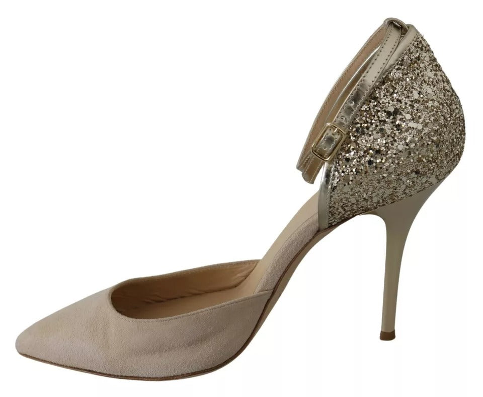 Elisabetta Franchi Beige Leinen High Heels mit Knöchelriemen