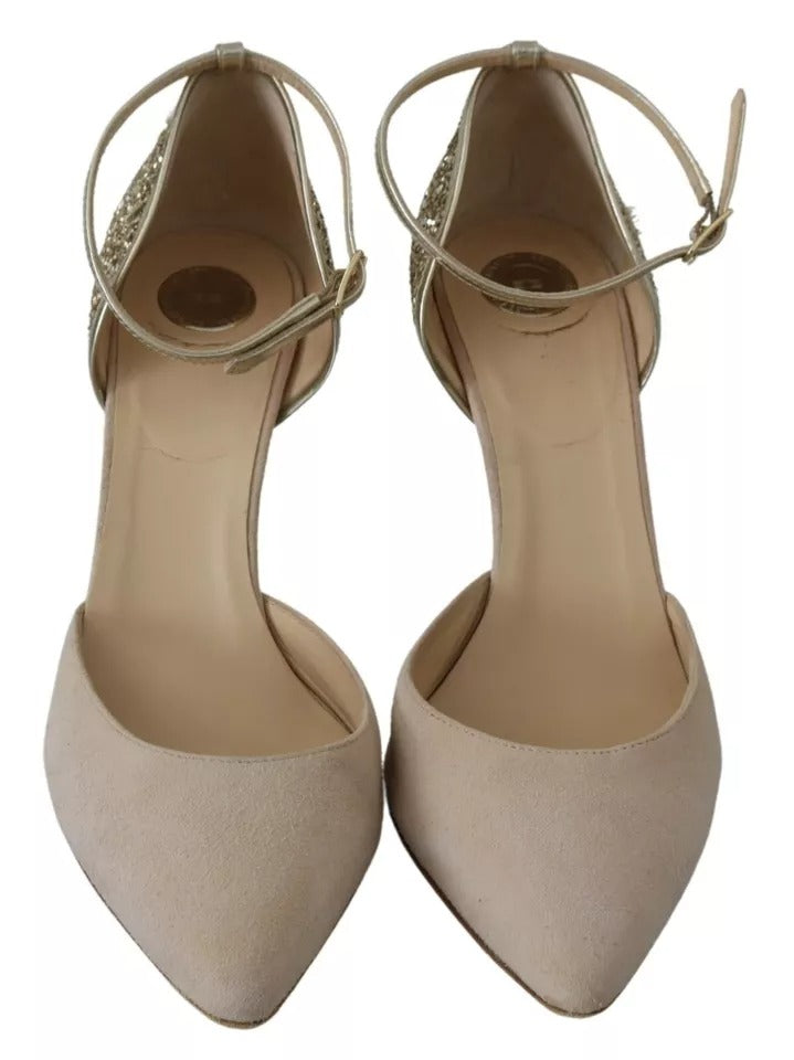 Elisabetta Franchi Beige Leinen High Heels mit Knöchelriemen