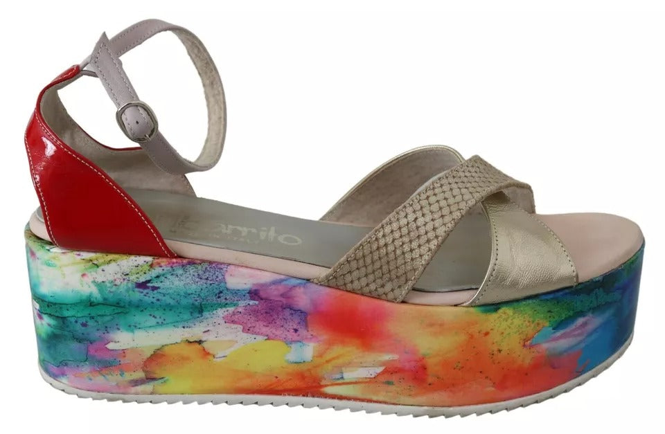EBARRITO Mehrfarbige Sandalen mit Knöchelriemen und Keilabsatz aus Leder