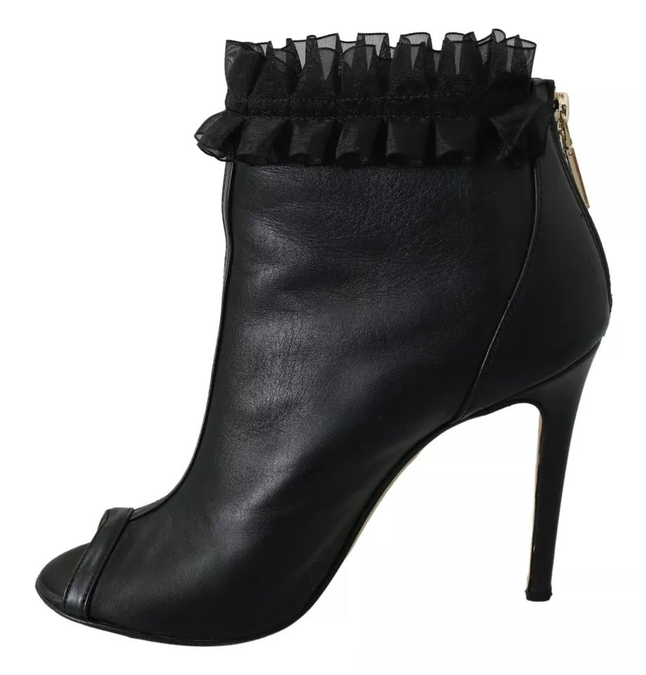 Mangano Schwarze Leder Mesh Stiletto High Heels Peep Toe Stiefel Schuhe