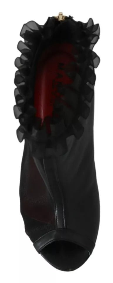 Mangano Schwarze Leder Mesh Stiletto High Heels Peep Toe Stiefel Schuhe