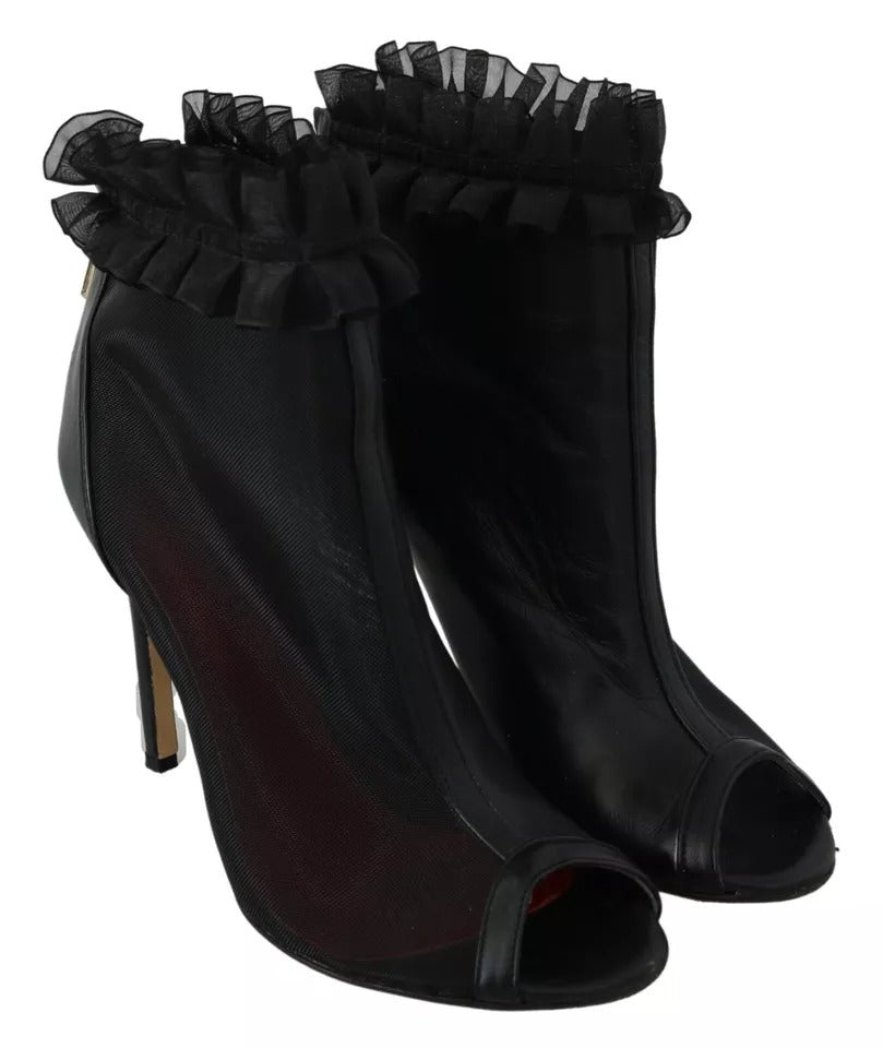 Mangano Schwarze Leder Mesh Stiletto High Heels Peep Toe Stiefel Schuhe
