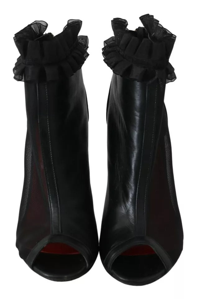 Mangano Schwarze Leder Mesh Stiletto High Heels Peep Toe Stiefel Schuhe
