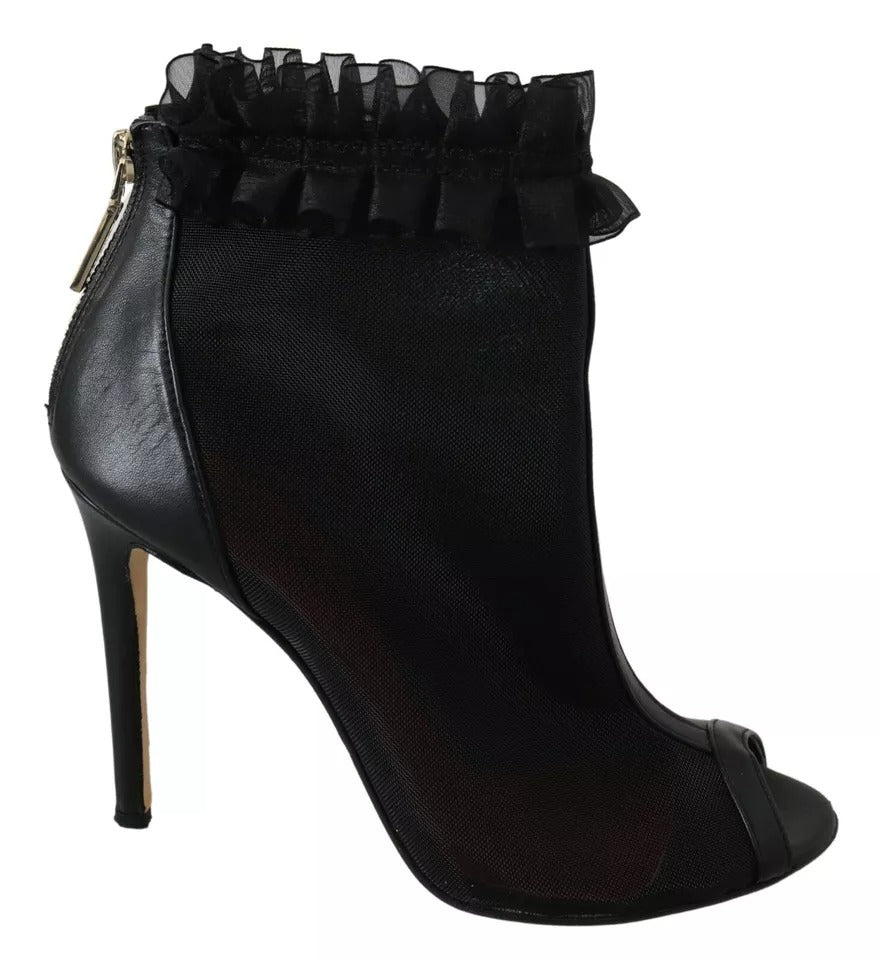 Mangano Schwarze Leder Mesh Stiletto High Heels Peep Toe Stiefel Schuhe