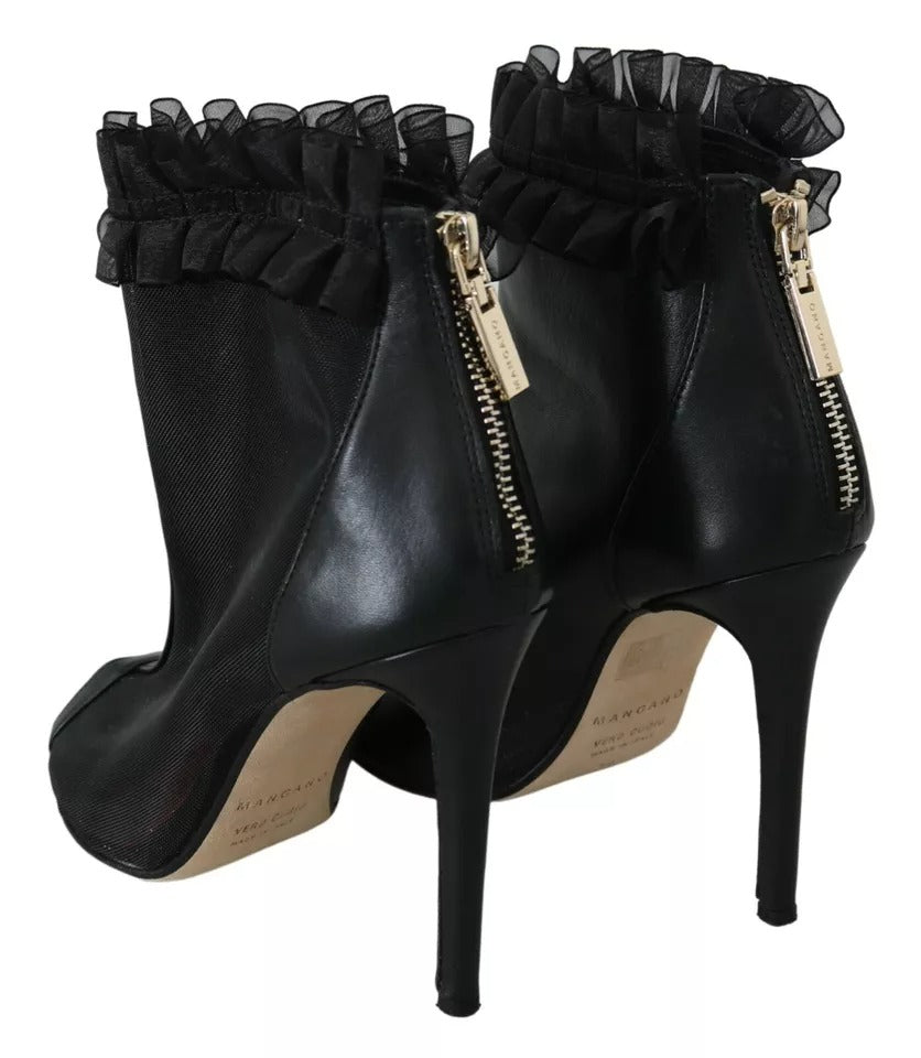 Mangano Schwarze Leder Mesh Stiletto High Heels Peep Toe Stiefel Schuhe