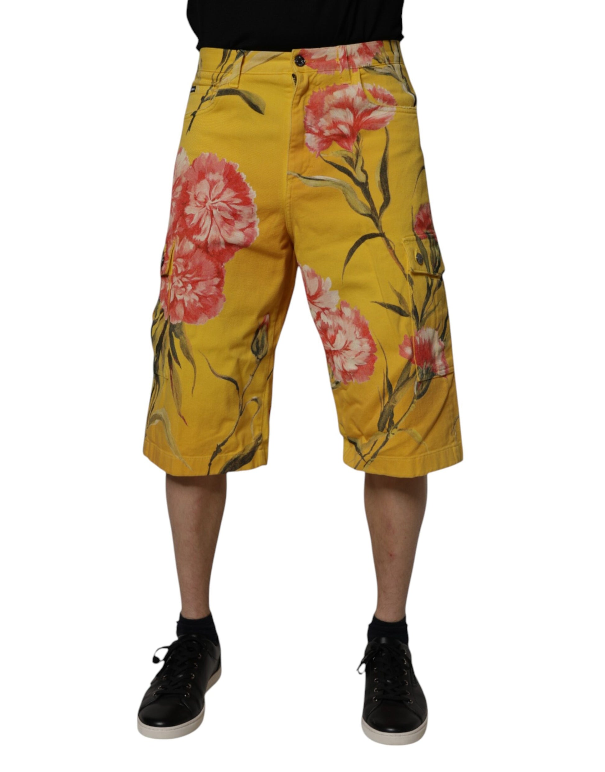 Dolce &amp; Gabbana – Gelbe Cargo-Denim-Bermudashorts für Herren mit Blumenmuster