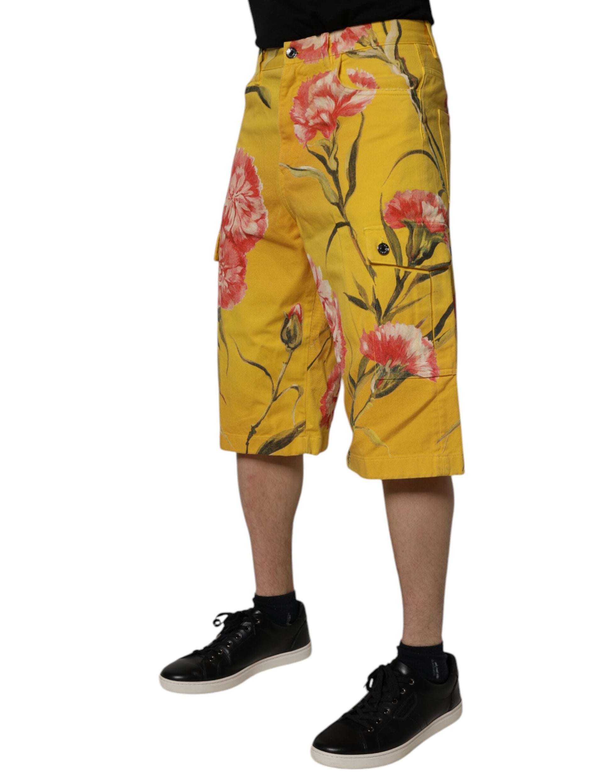 Dolce &amp; Gabbana – Gelbe Cargo-Denim-Bermudashorts für Herren mit Blumenmuster