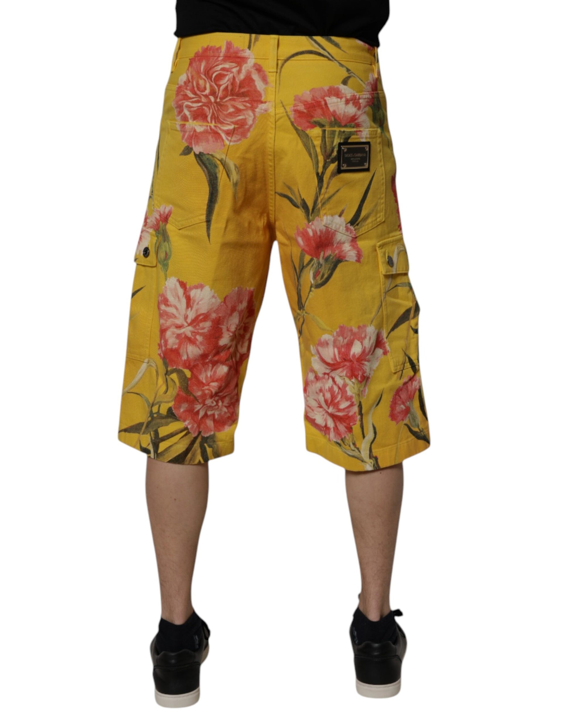 Dolce &amp; Gabbana – Gelbe Cargo-Denim-Bermudashorts für Herren mit Blumenmuster