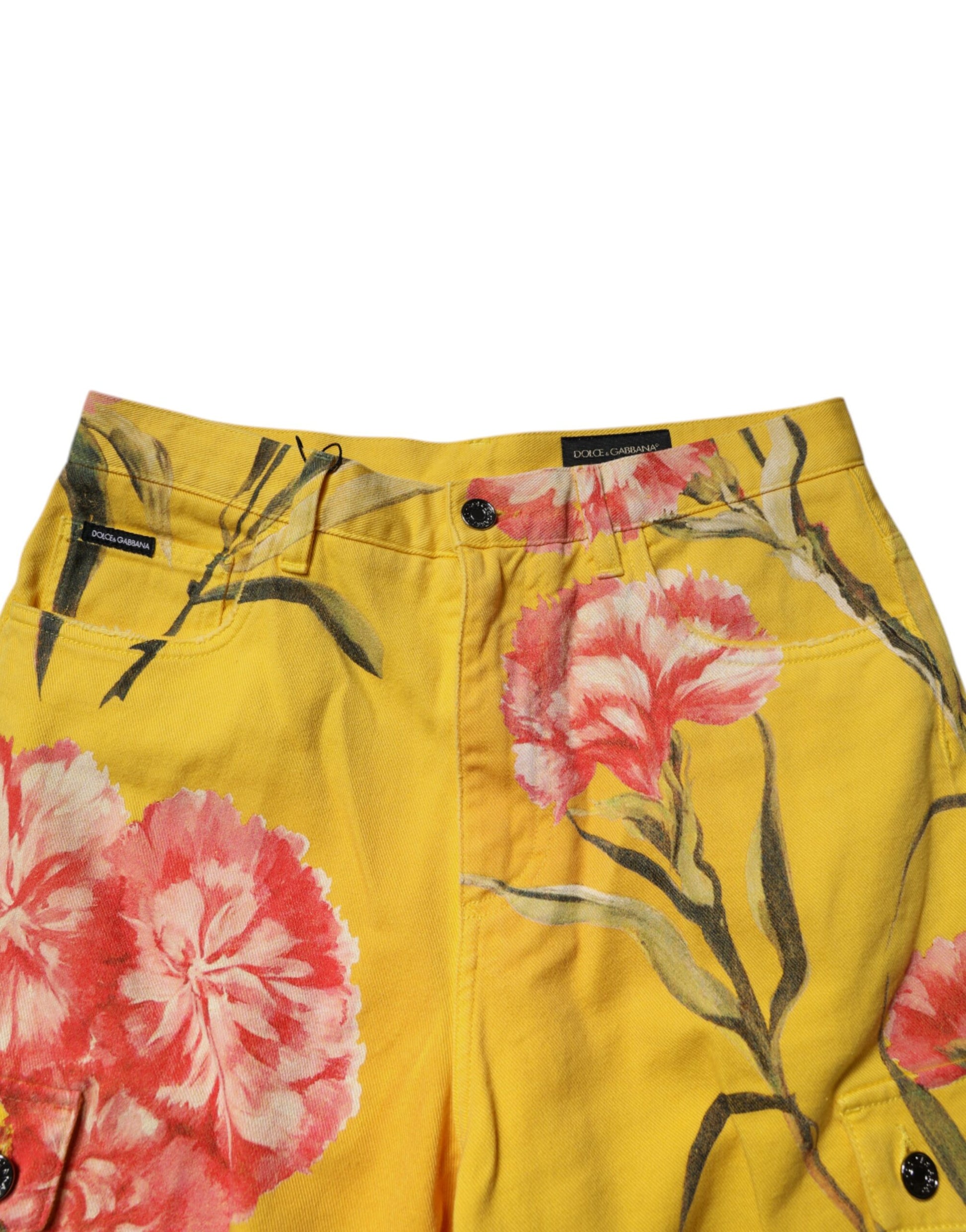 Dolce &amp; Gabbana – Gelbe Cargo-Denim-Bermudashorts für Herren mit Blumenmuster