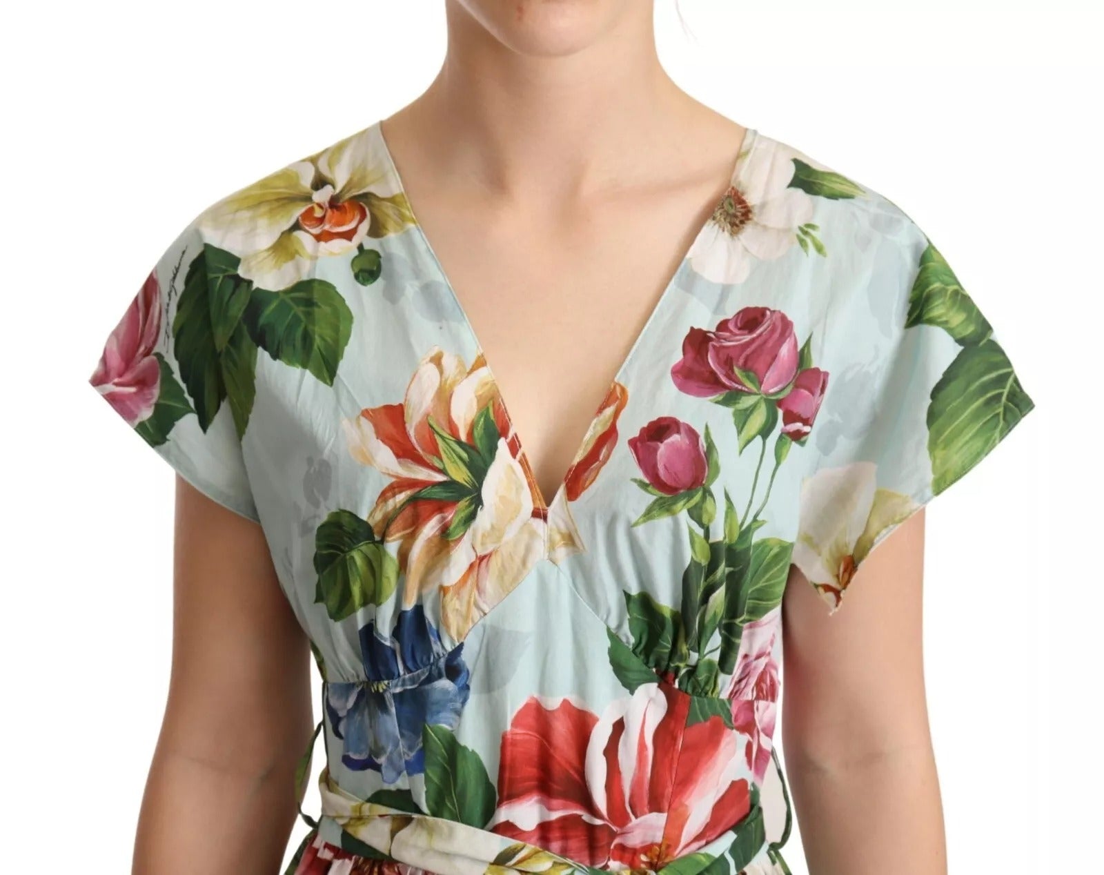 Dolce &amp; Gabbana Grünes, geblümtes, kurzärmliges Baumwollkleid mit V-Ausschnitt