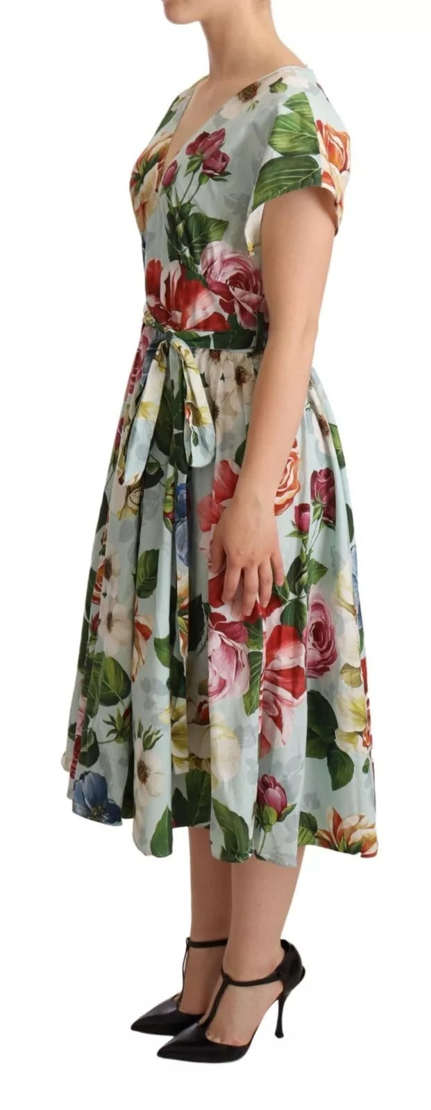 Dolce &amp; Gabbana Grünes, geblümtes, kurzärmliges Baumwollkleid mit V-Ausschnitt
