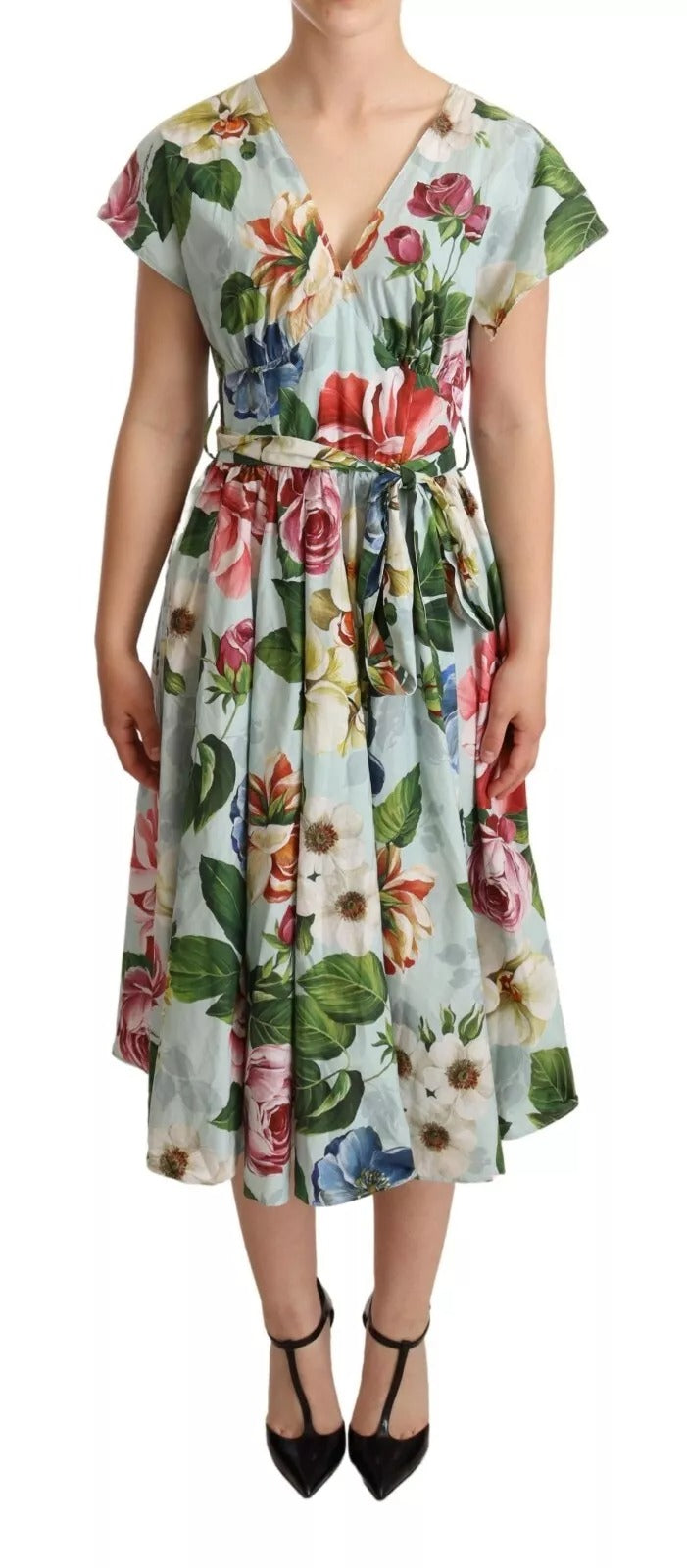 Dolce &amp; Gabbana Grünes, geblümtes, kurzärmliges Baumwollkleid mit V-Ausschnitt