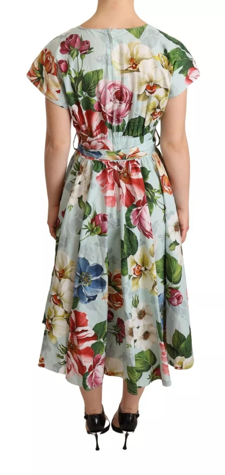 Dolce &amp; Gabbana Grünes, geblümtes, kurzärmliges Baumwollkleid mit V-Ausschnitt