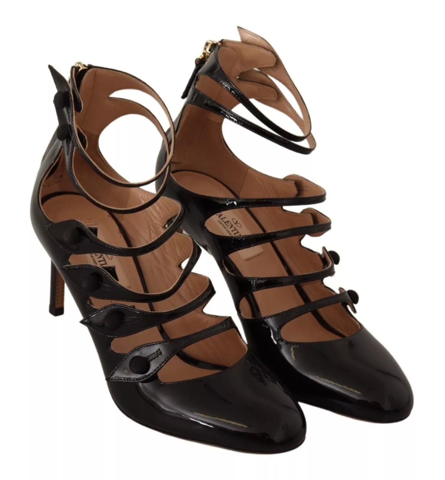 Valentino – Schwarze Pumps aus Leder mit mehreren Riemen und mittelhohem Absatz