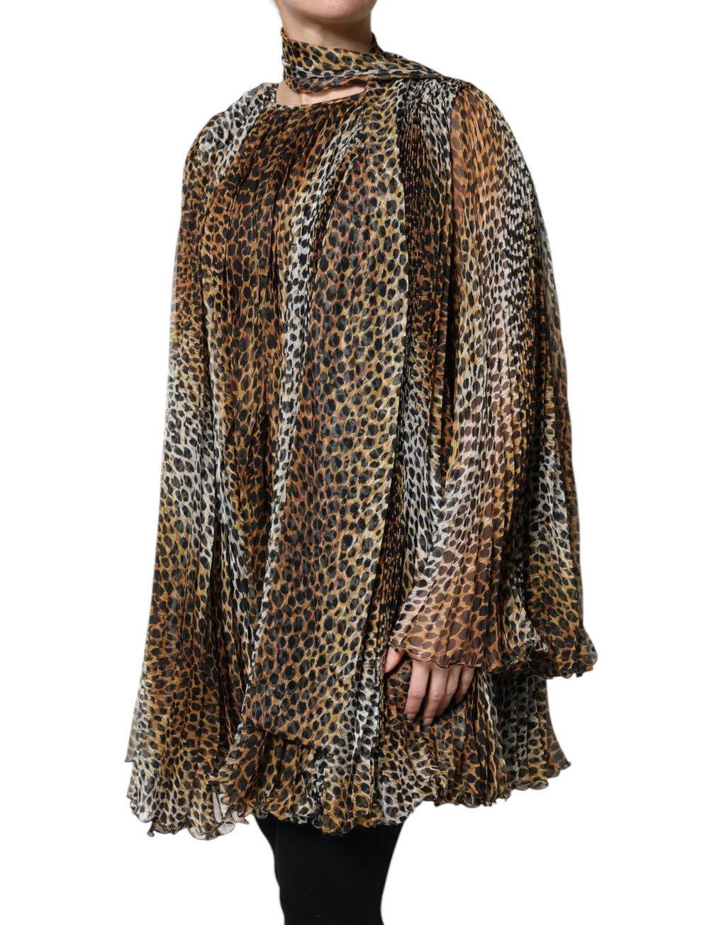 Dolce &amp; Gabbana – Chiffonkleid mit Schalkragen und Leopardenmuster in Braun