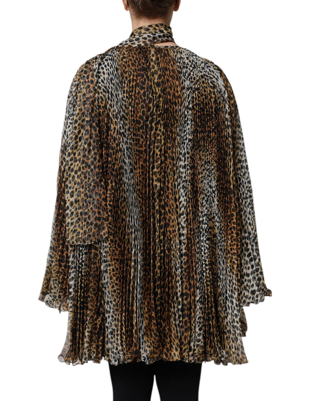 Dolce &amp; Gabbana – Chiffonkleid mit Schalkragen und Leopardenmuster in Braun