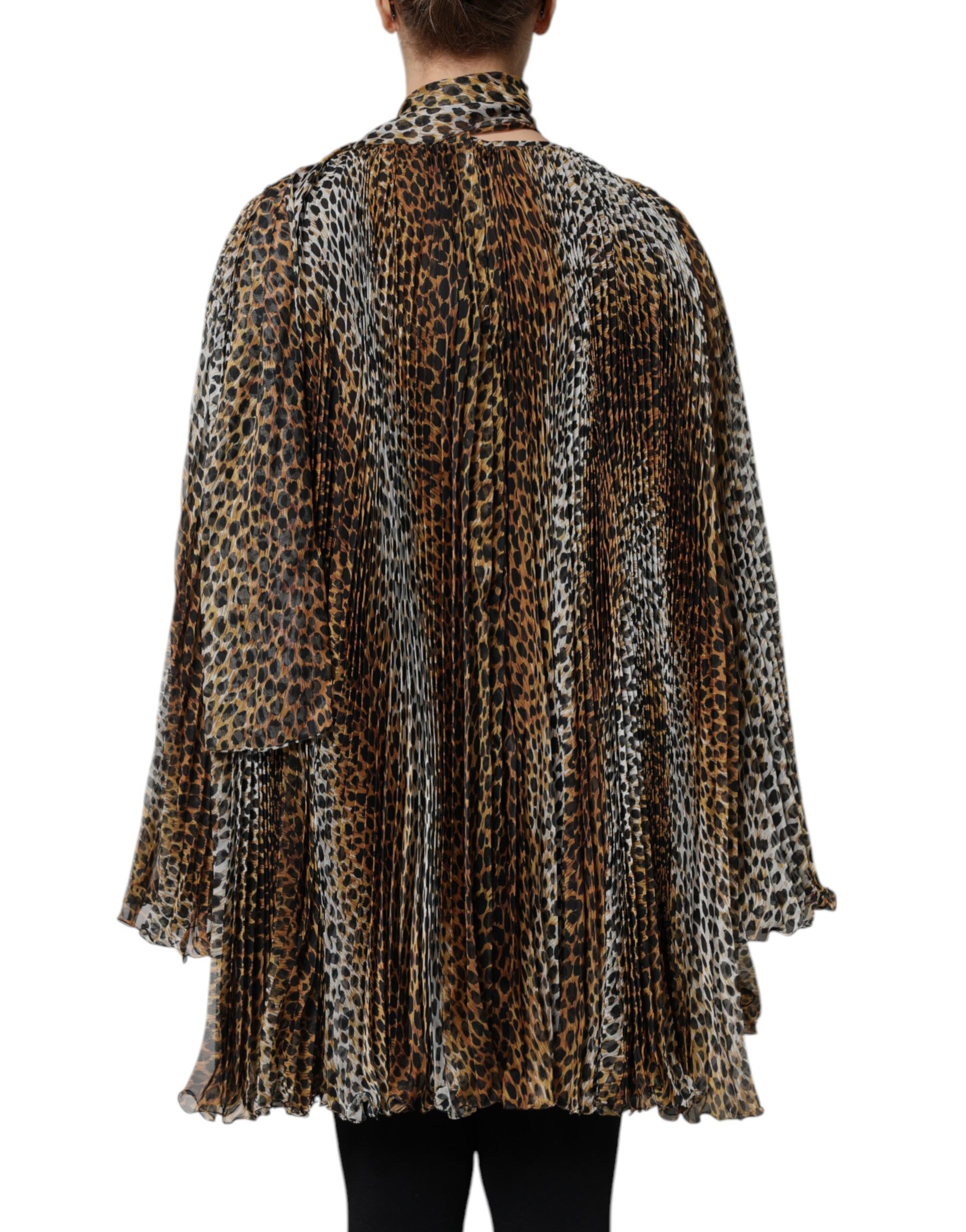 Dolce &amp; Gabbana – Chiffonkleid mit Schalkragen und Leopardenmuster in Braun