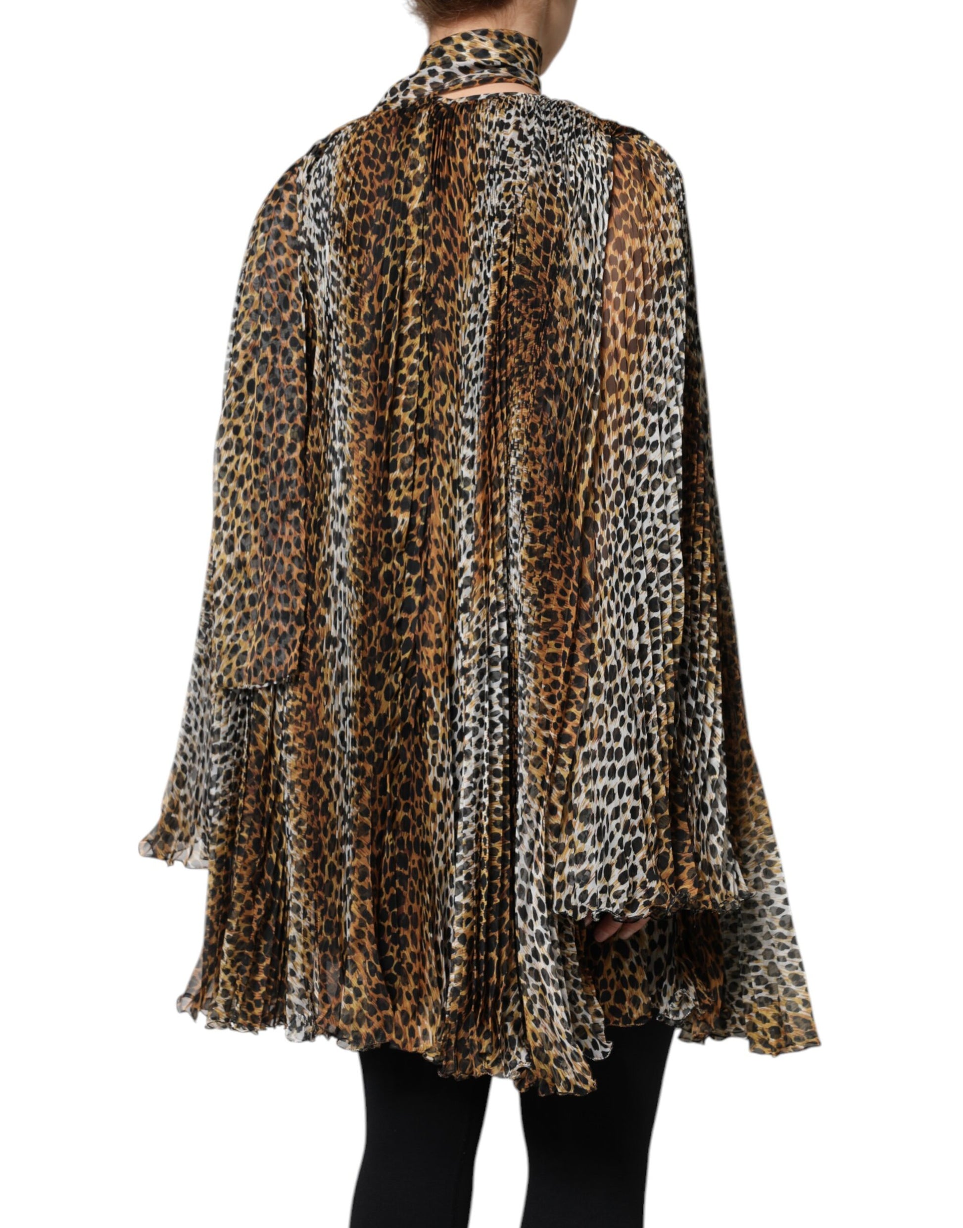 Dolce &amp; Gabbana – Chiffonkleid mit Schalkragen und Leopardenmuster in Braun