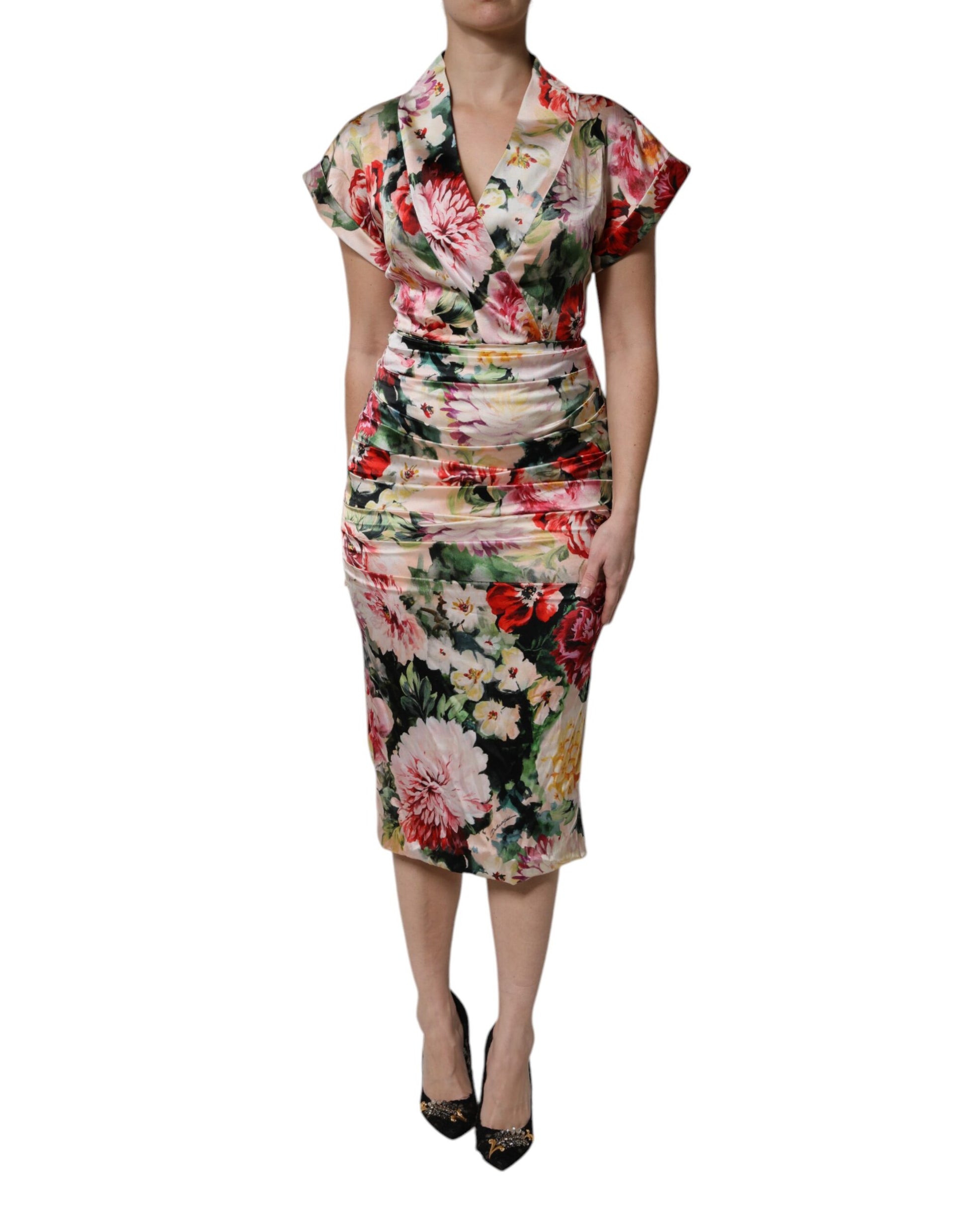 Dolce &amp; Gabbana – Mehrfarbiges, florales Etui-Midikleid mit kurzen Ärmeln
