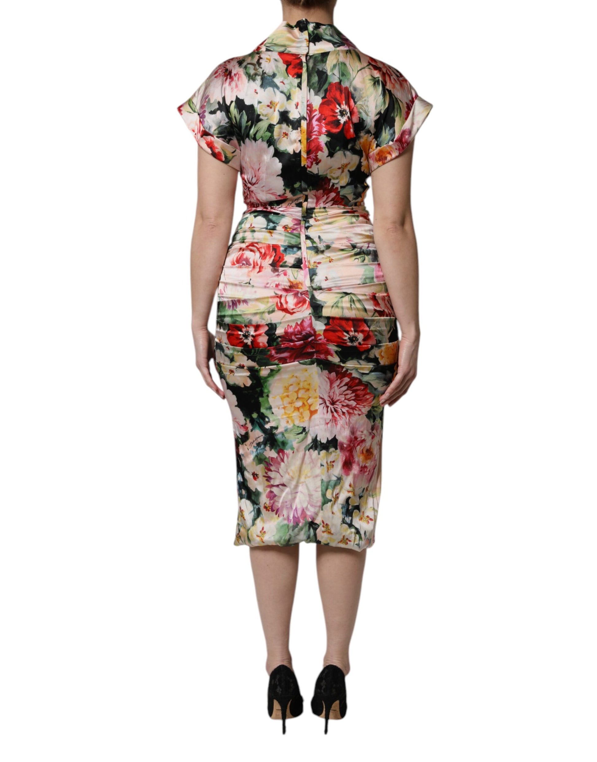 Dolce &amp; Gabbana – Mehrfarbiges, florales Etui-Midikleid mit kurzen Ärmeln