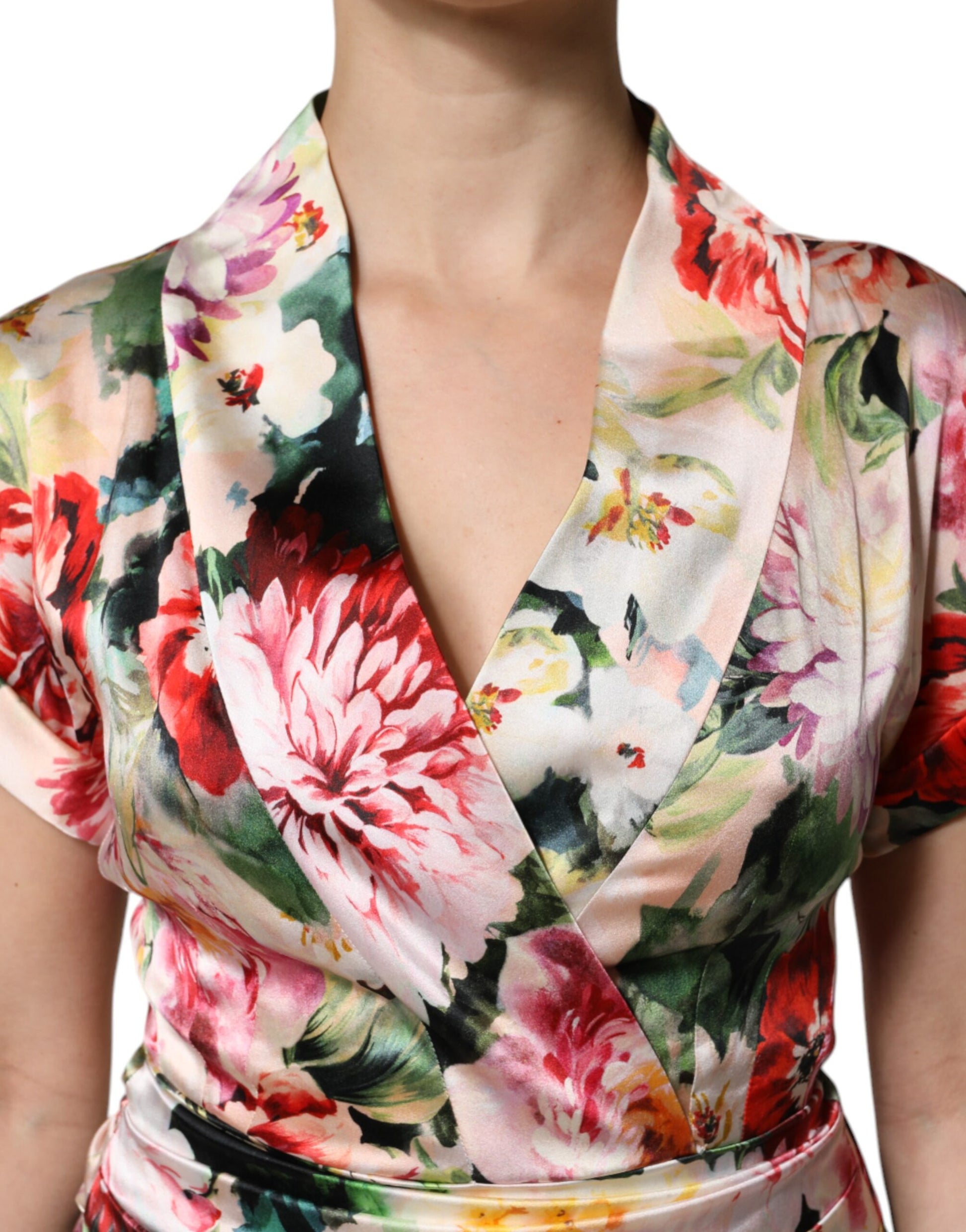 Dolce &amp; Gabbana – Mehrfarbiges, florales Etui-Midikleid mit kurzen Ärmeln