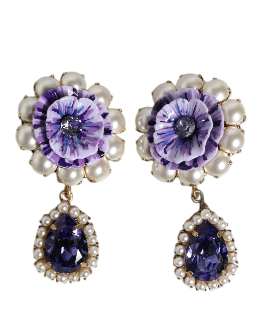 Dolce &amp; Gabbana – Ohrclips mit lilafarbenen Blumenperlen und Kristallen in Tropfenform