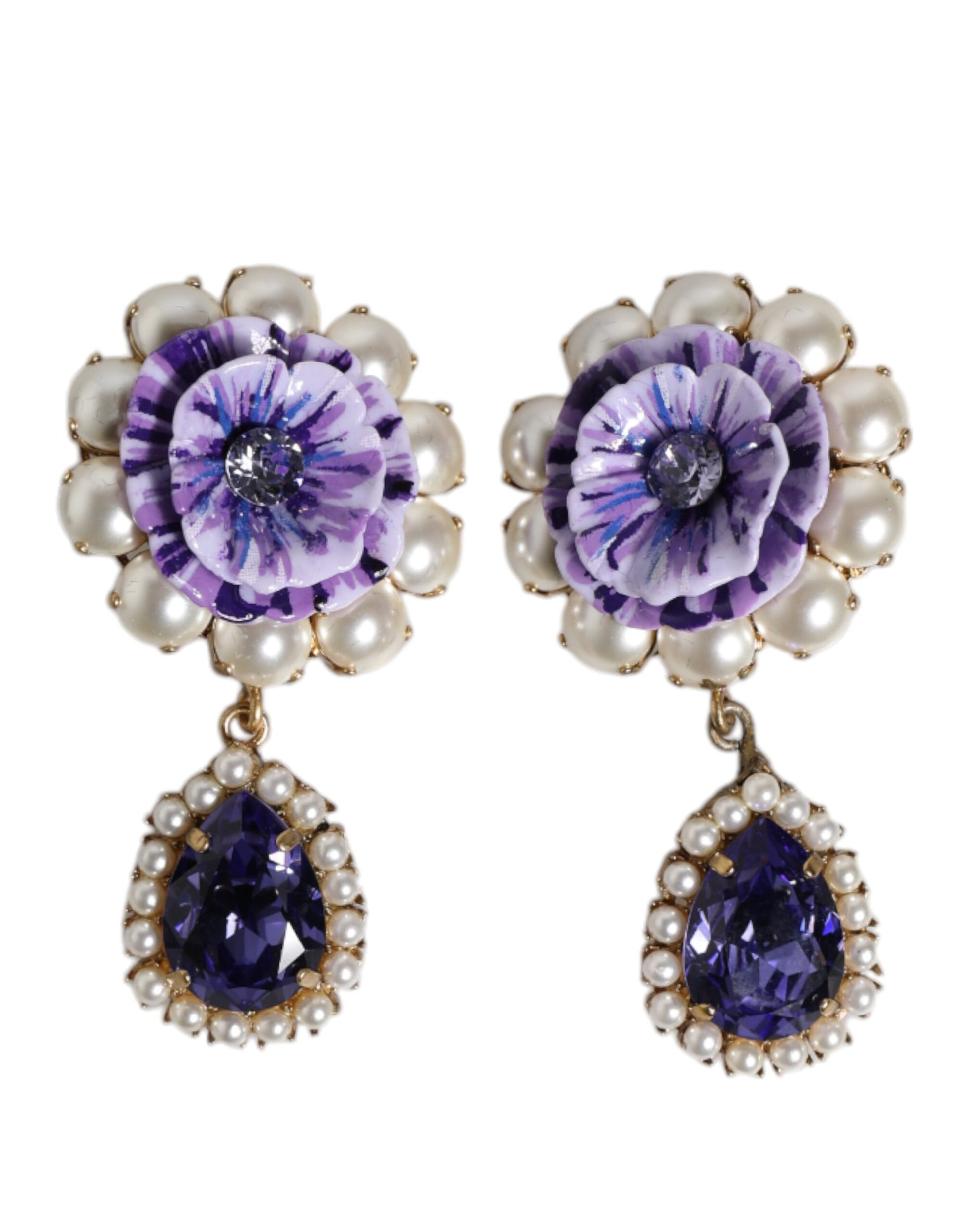 Dolce &amp; Gabbana – Ohrclips mit lilafarbenen Blumenperlen und Kristallen in Tropfenform