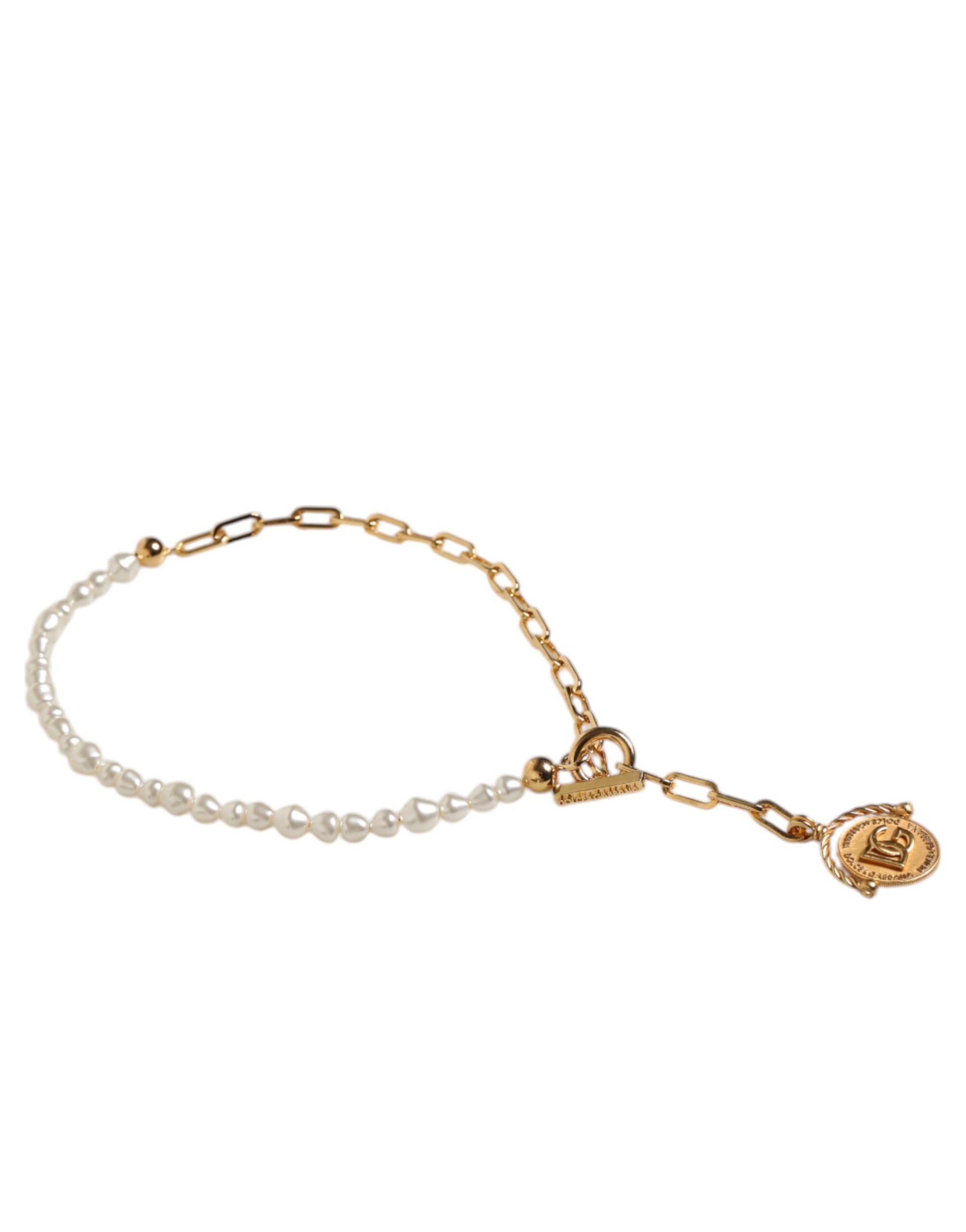 Dolce &amp; Gabbana Halskette mit Logo-Anhänger aus Messing mit goldener Kette und Kunstperlen