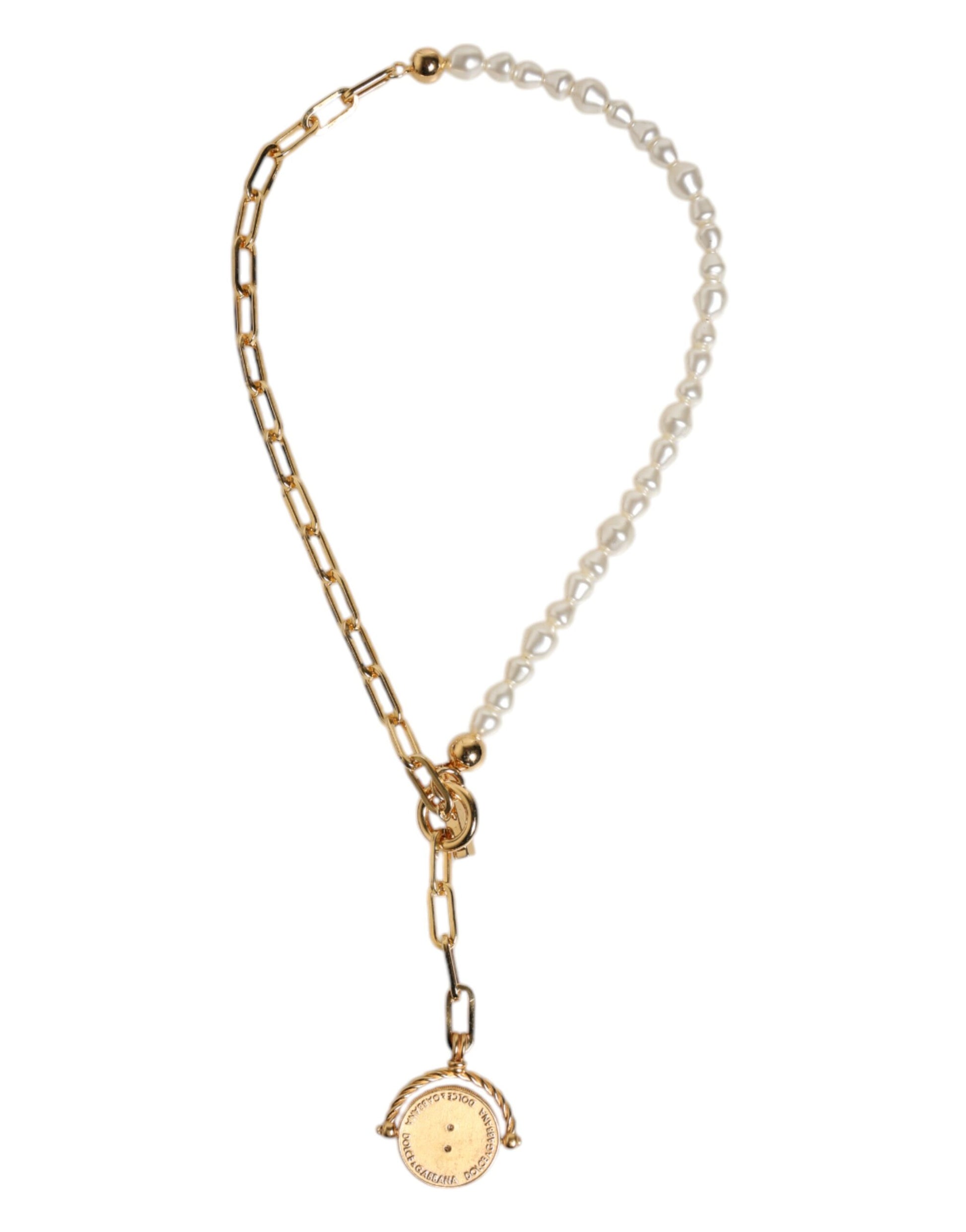 Dolce &amp; Gabbana Halskette mit Logo-Anhänger aus Messing mit goldener Kette und Kunstperlen