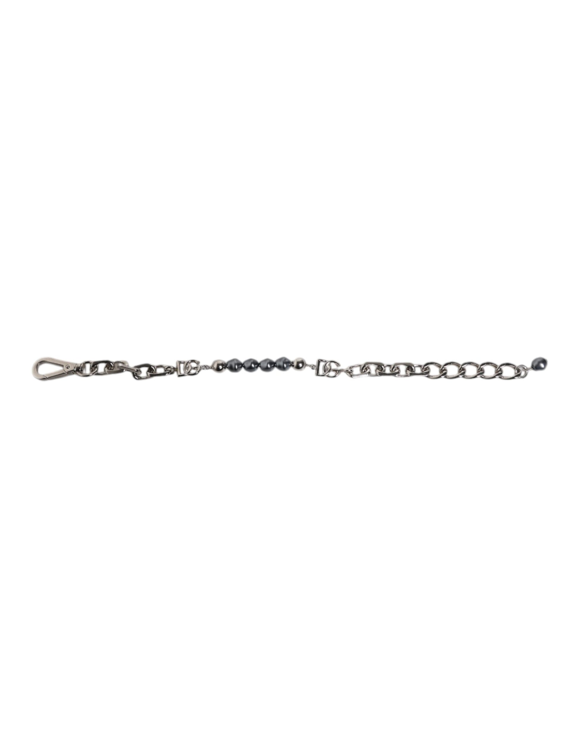 Dolce &amp; Gabbana Silberfarbenes Kettenarmband mit Karabinerverschluss und grauen Perlen