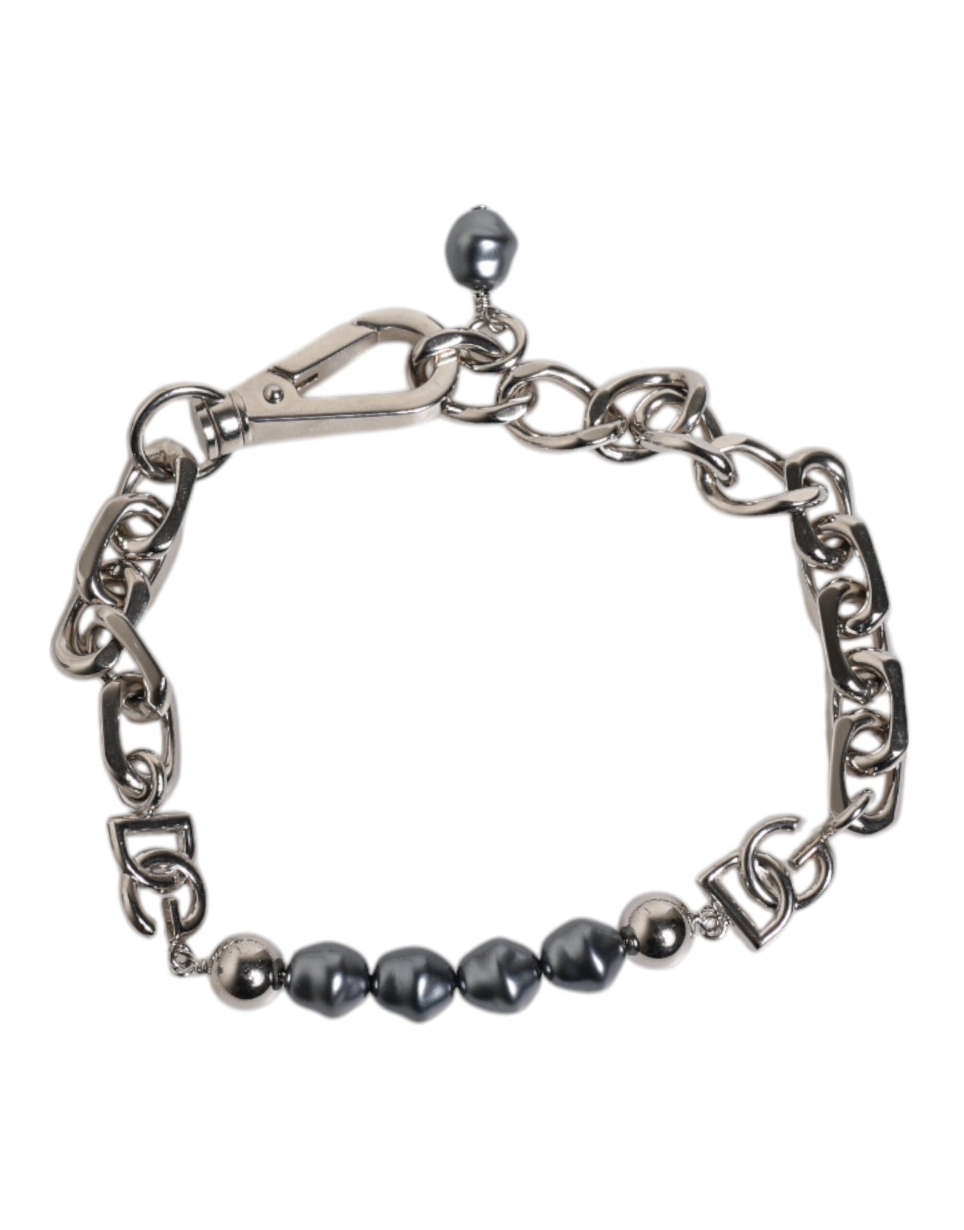 Dolce &amp; Gabbana Silberfarbenes Kettenarmband mit Karabinerverschluss und grauen Perlen