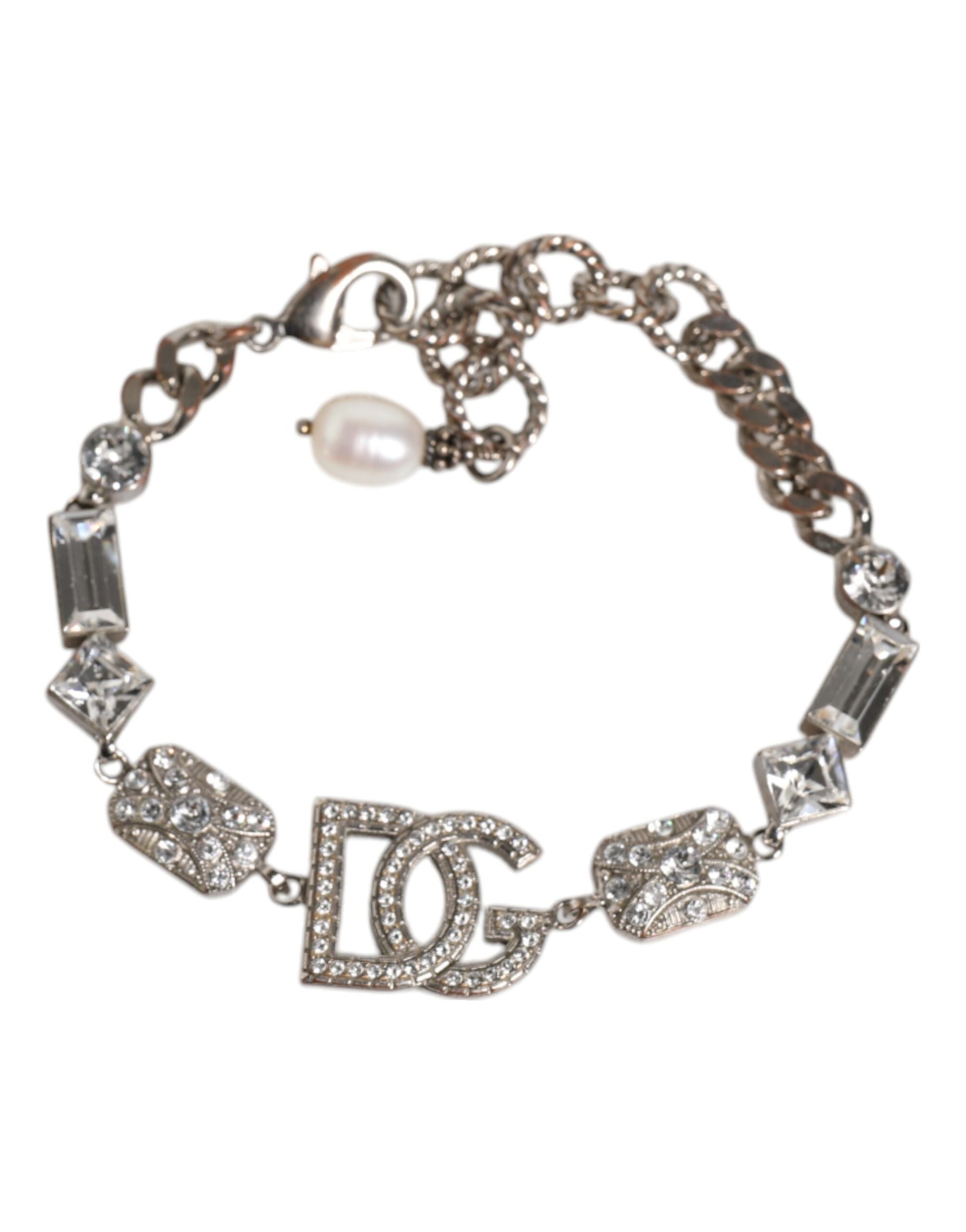 Dolce &amp; Gabbana – Armband aus silbernem Messing mit DG-Logo-Anhänger und Kristallverzierung