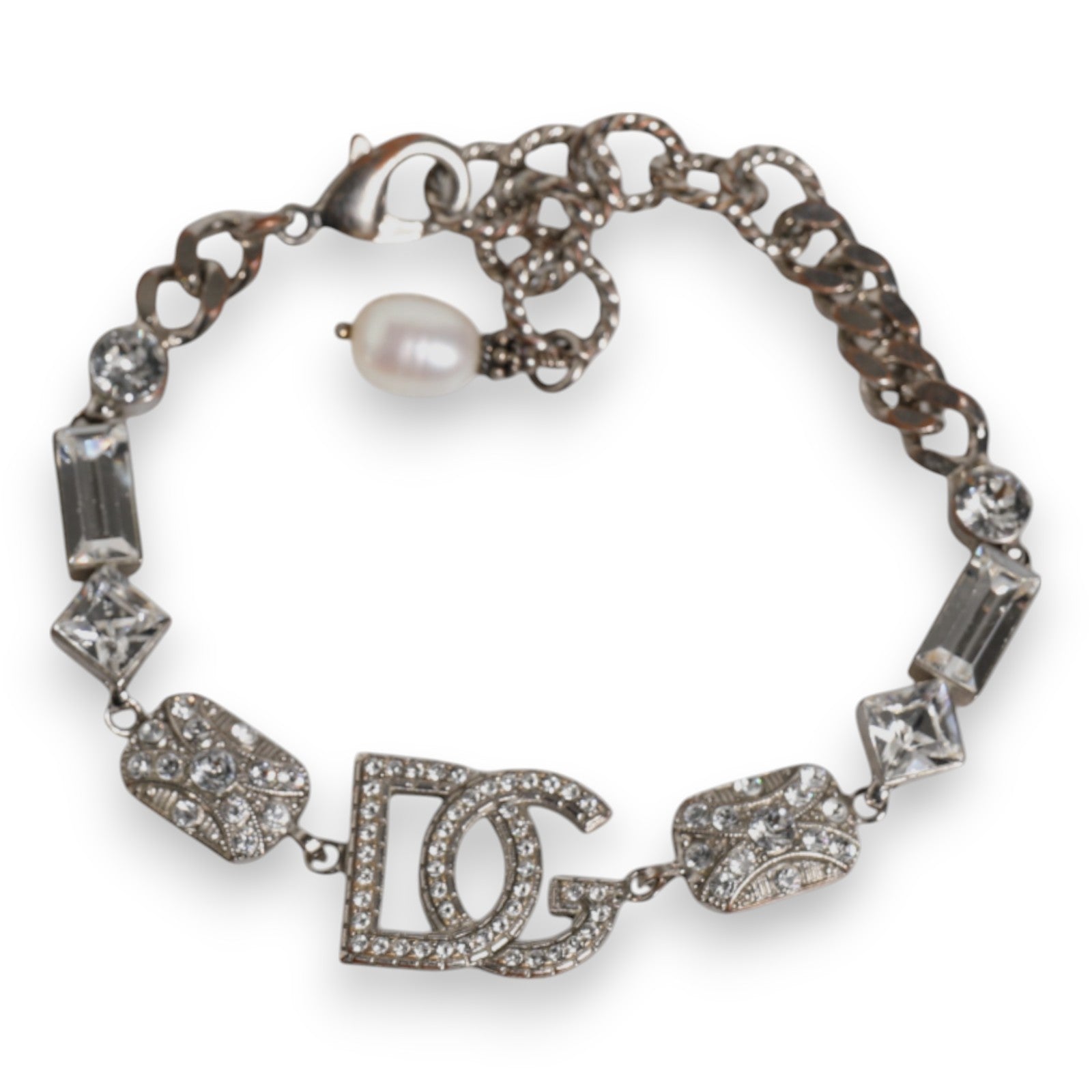 Dolce &amp; Gabbana – Armband aus silbernem Messing mit DG-Logo-Anhänger und Kristallverzierung