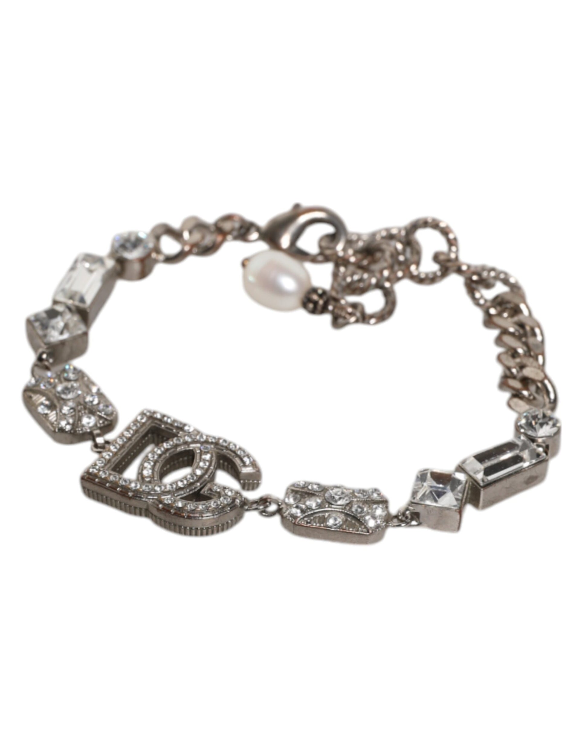 Dolce &amp; Gabbana – Armband aus silbernem Messing mit DG-Logo-Anhänger und Kristallverzierung
