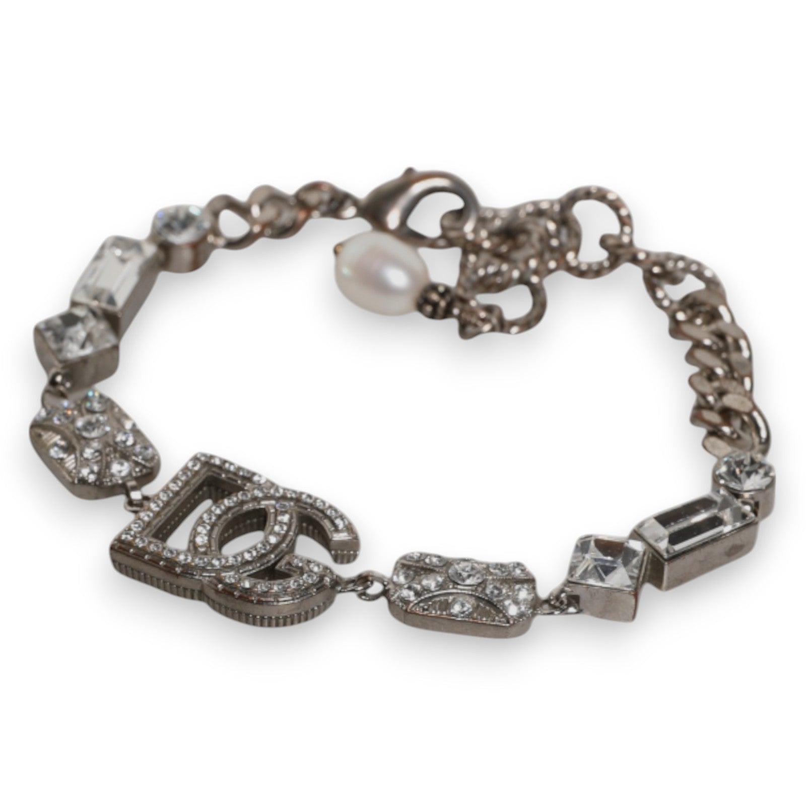 Dolce &amp; Gabbana – Armband aus silbernem Messing mit DG-Logo-Anhänger und Kristallverzierung