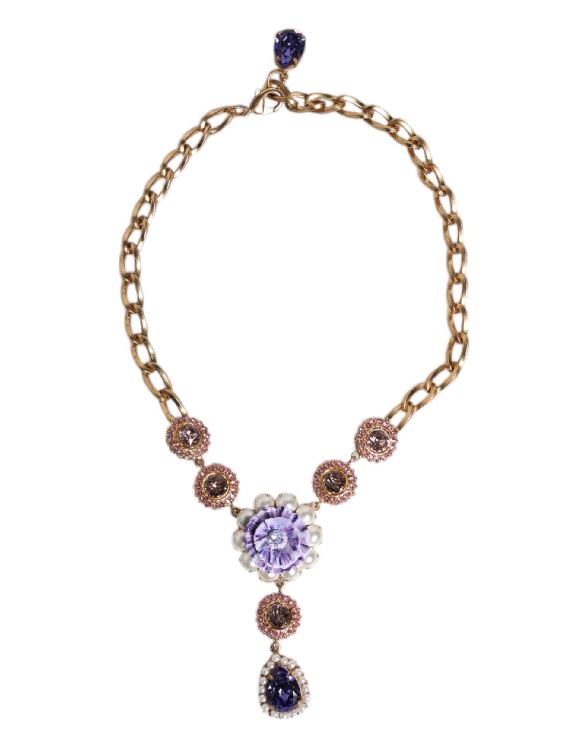 Dolce &amp; Gabbana – Halskette aus goldenem Messing mit floralen Kristallen und Perlenverzierung