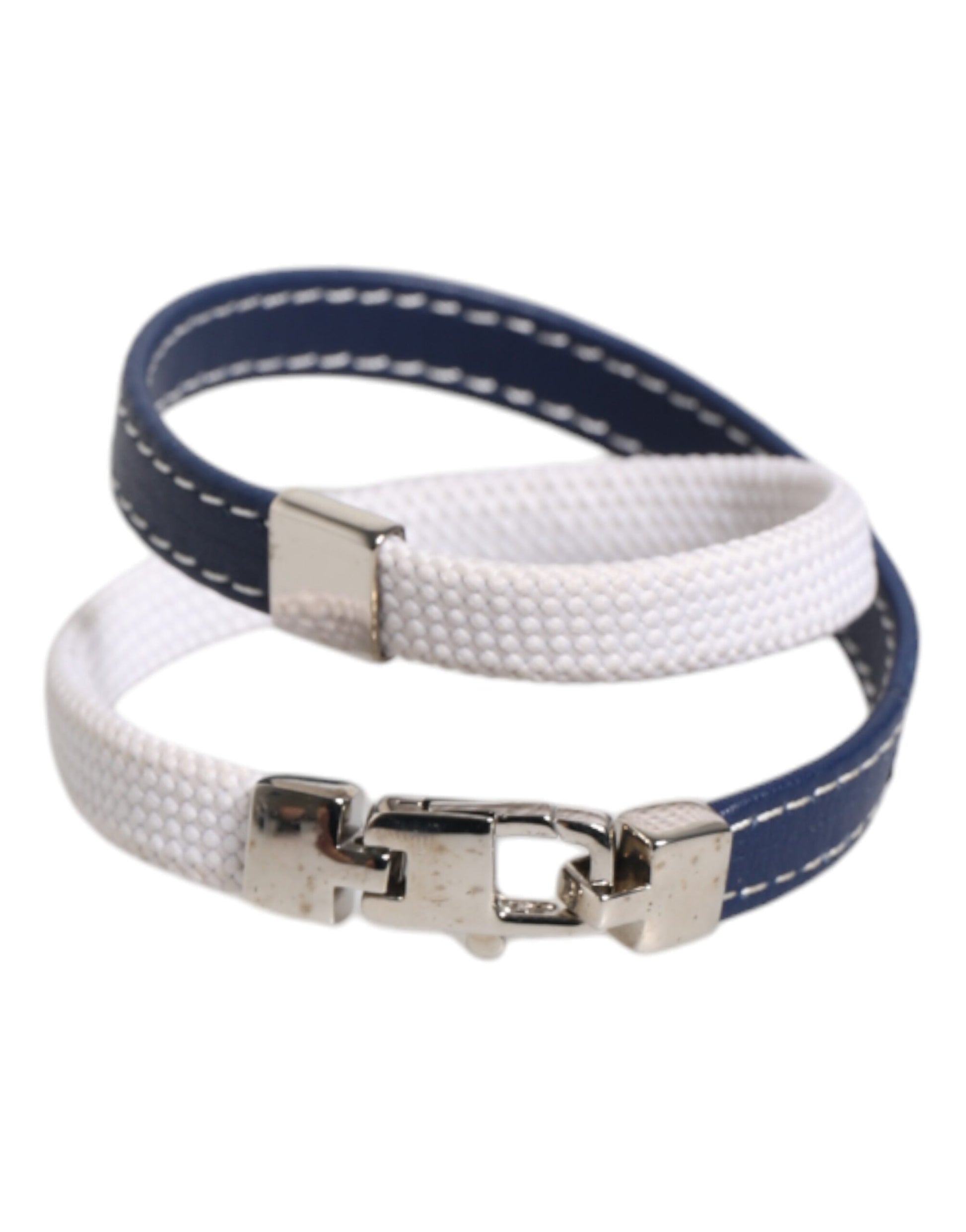Dolce &amp; Gabbana – Armband mit silberfarbenem Verschluss und blau-weißem Lederbesatz mit DG-Gravur