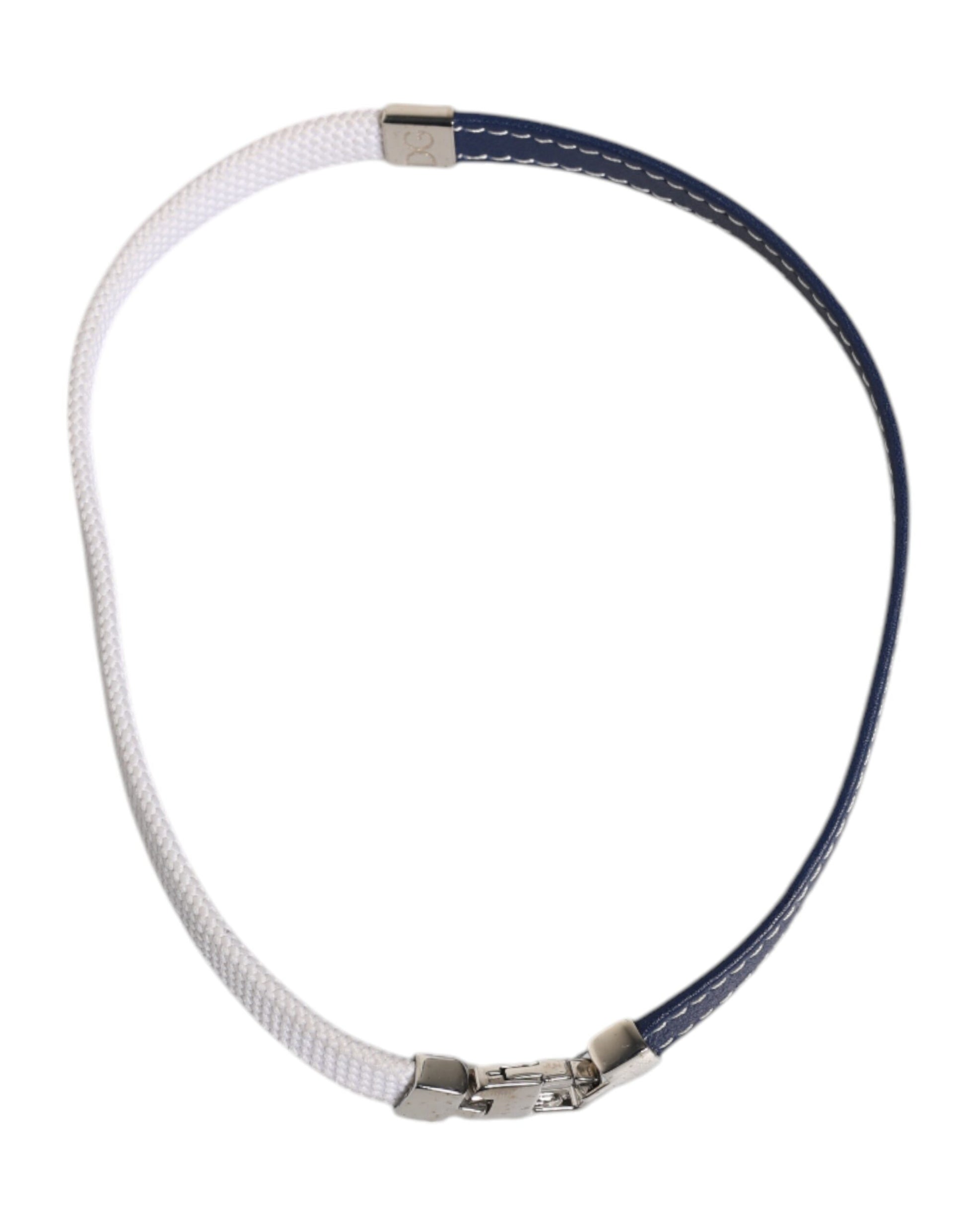 Dolce &amp; Gabbana – Armband mit silberfarbenem Verschluss und blau-weißem Lederbesatz mit DG-Gravur