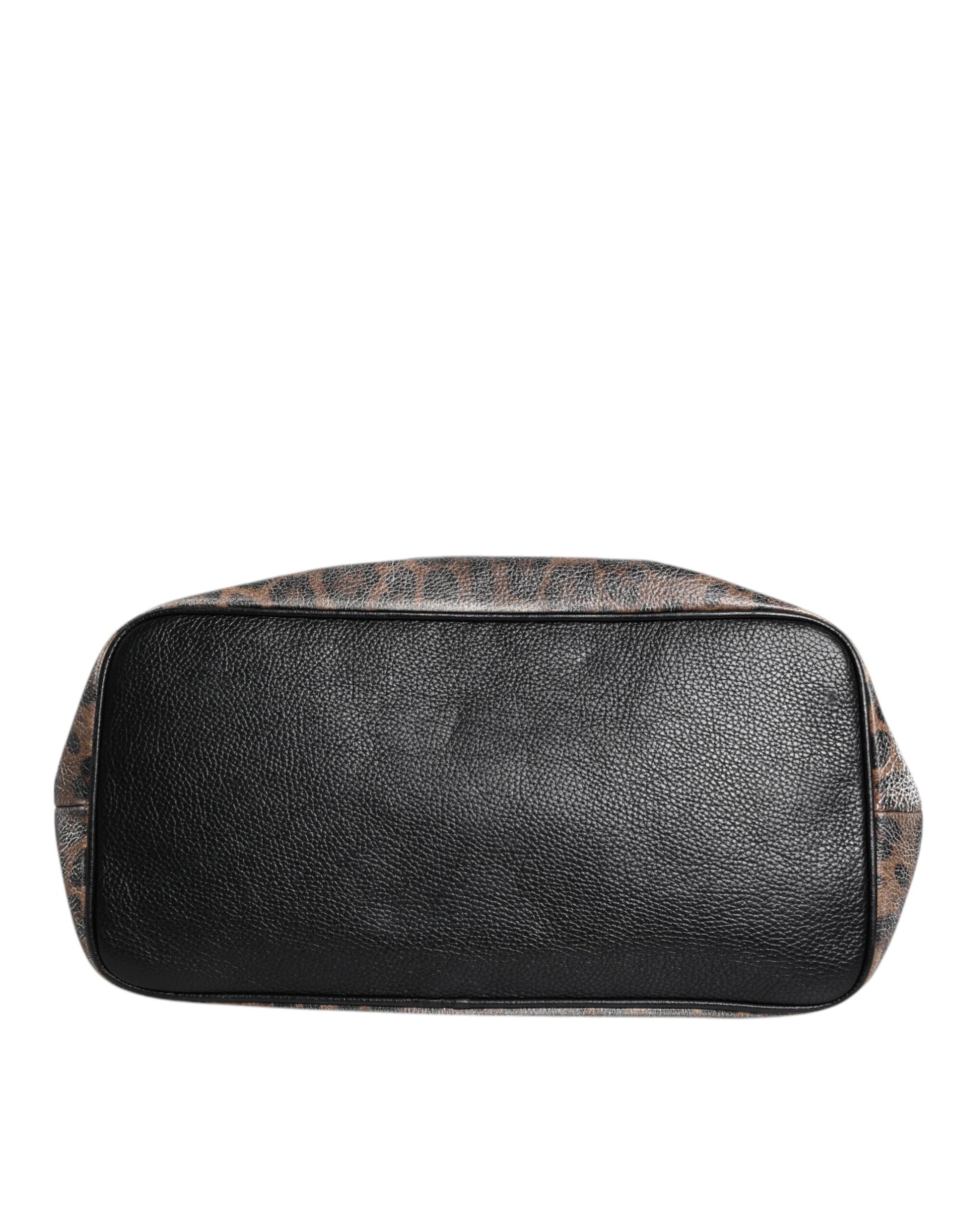 Dolce &amp; Gabbana Braune Tragetasche BEATRICE aus Leder mit Logo-Plakette und Leopardenmuster