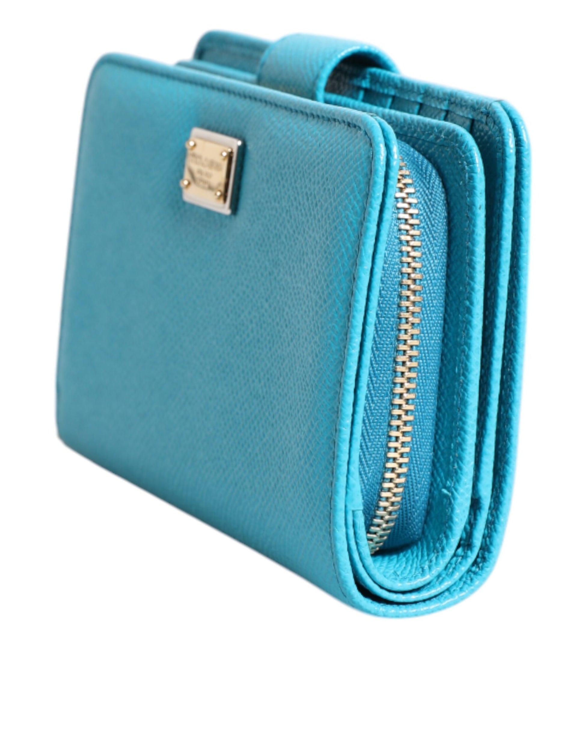 Dolce &amp; Gabbana Hellblaue, zweifach faltbare Clutch aus Leder im Continental-Stil