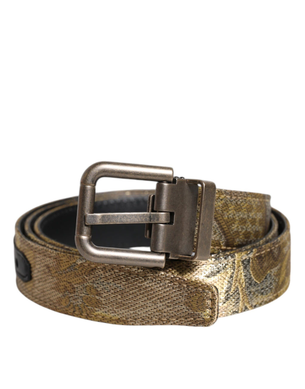 Dolce &amp; Gabbana – Goldfarbener Jacquard-Gürtel aus Leder mit silberner Metallschnalle