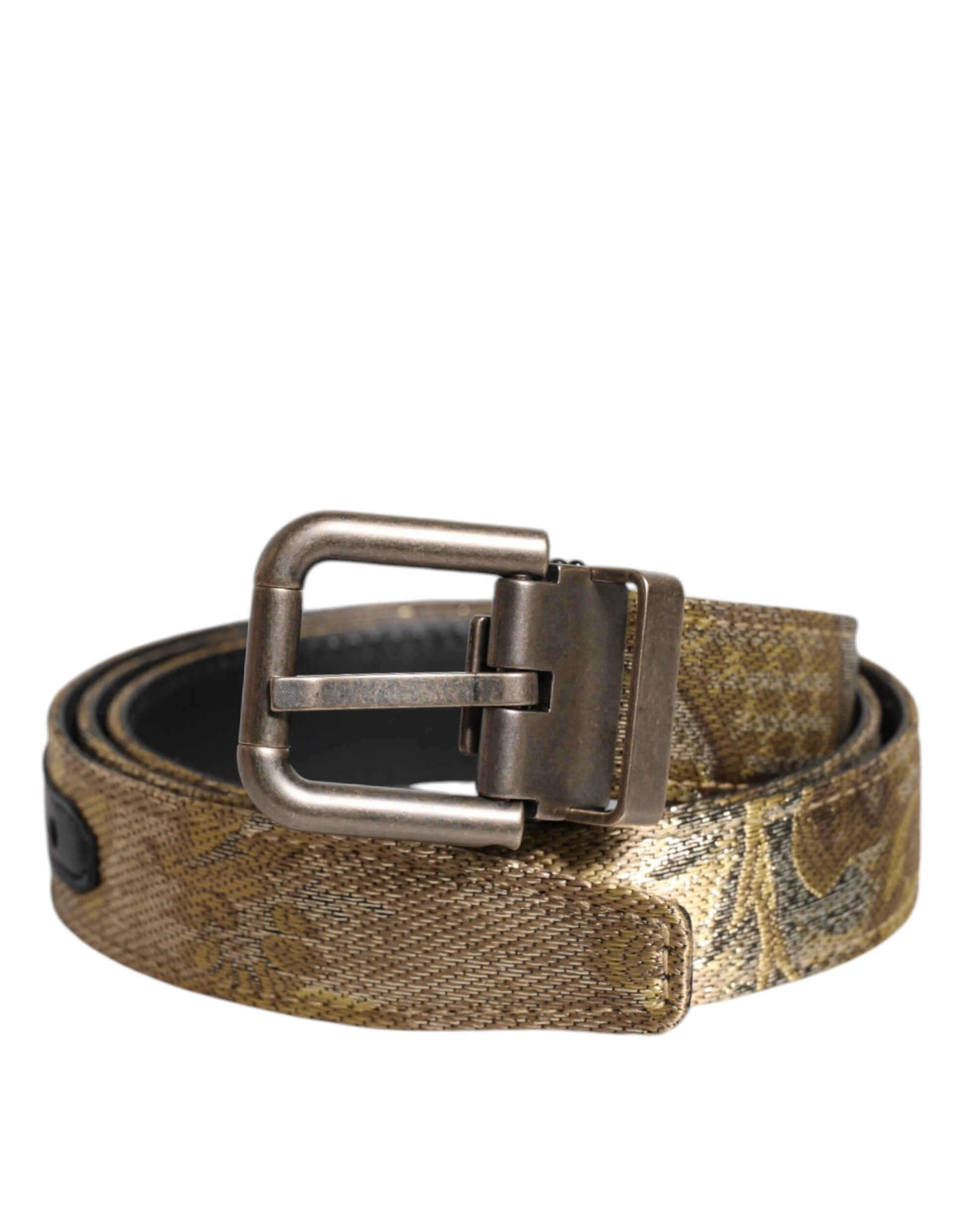 Dolce &amp; Gabbana – Goldfarbener Jacquard-Gürtel aus Leder mit silberner Metallschnalle
