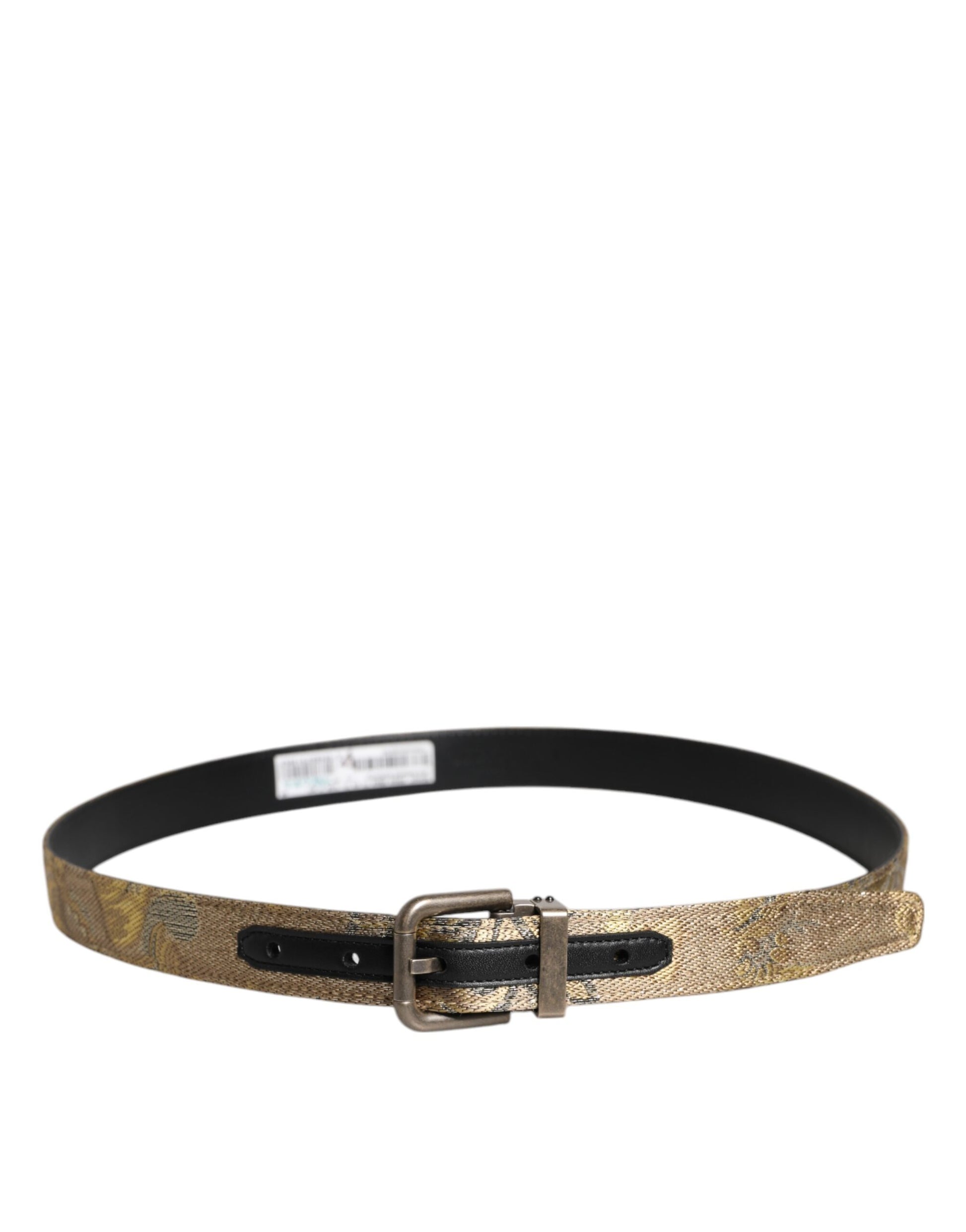 Dolce &amp; Gabbana – Goldfarbener Jacquard-Gürtel aus Leder mit silberner Metallschnalle
