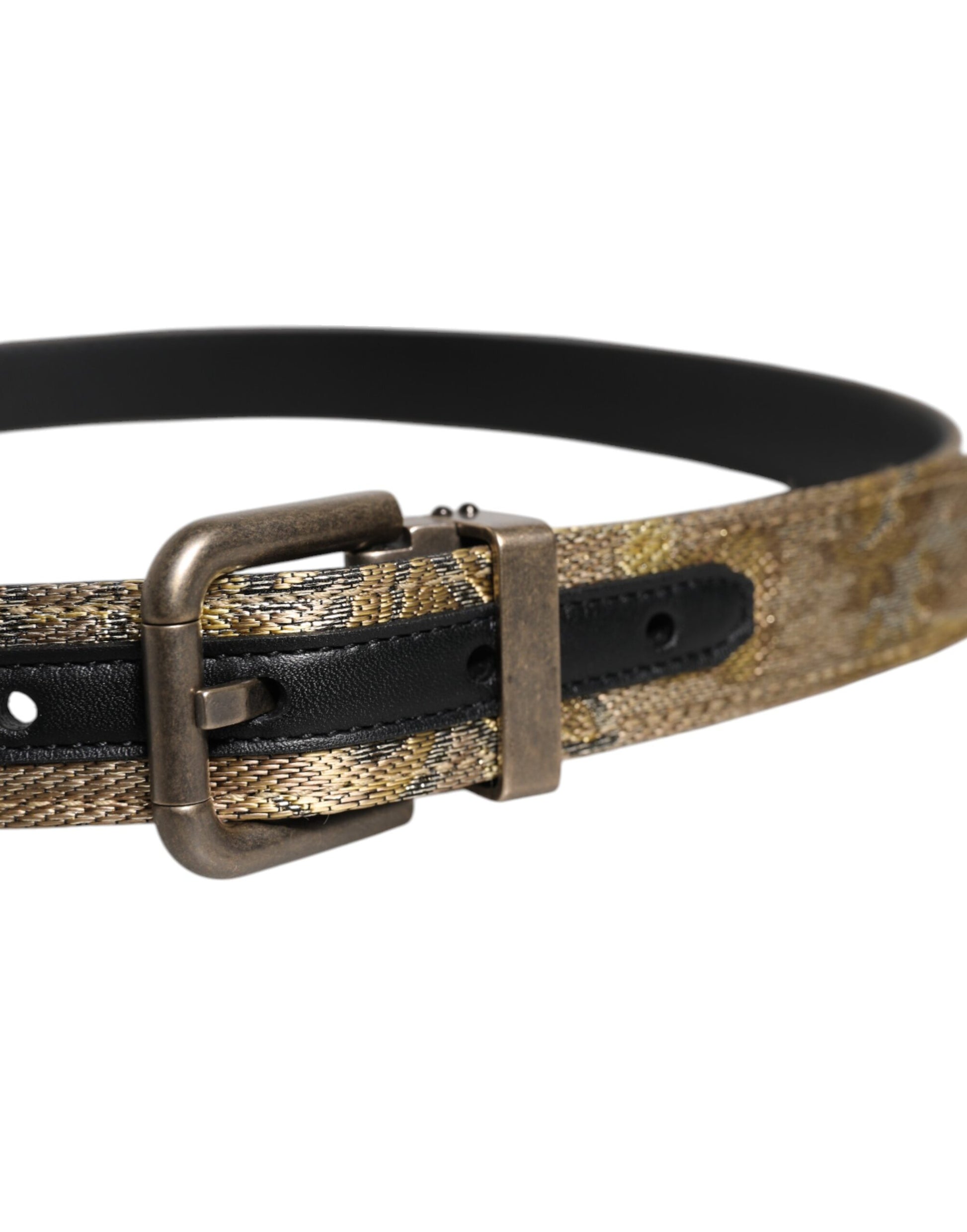 Dolce &amp; Gabbana – Goldfarbener Jacquard-Gürtel aus Leder mit silberner Metallschnalle