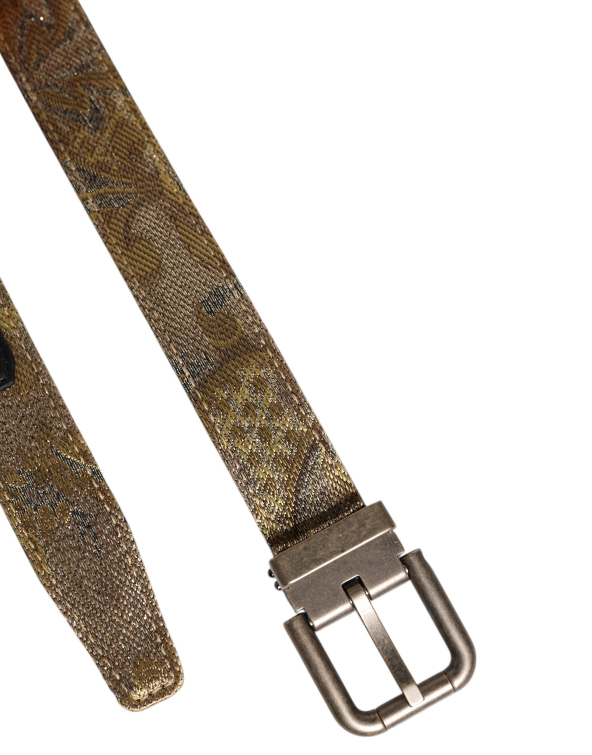 Dolce &amp; Gabbana – Goldfarbener Jacquard-Gürtel aus Leder mit silberner Metallschnalle
