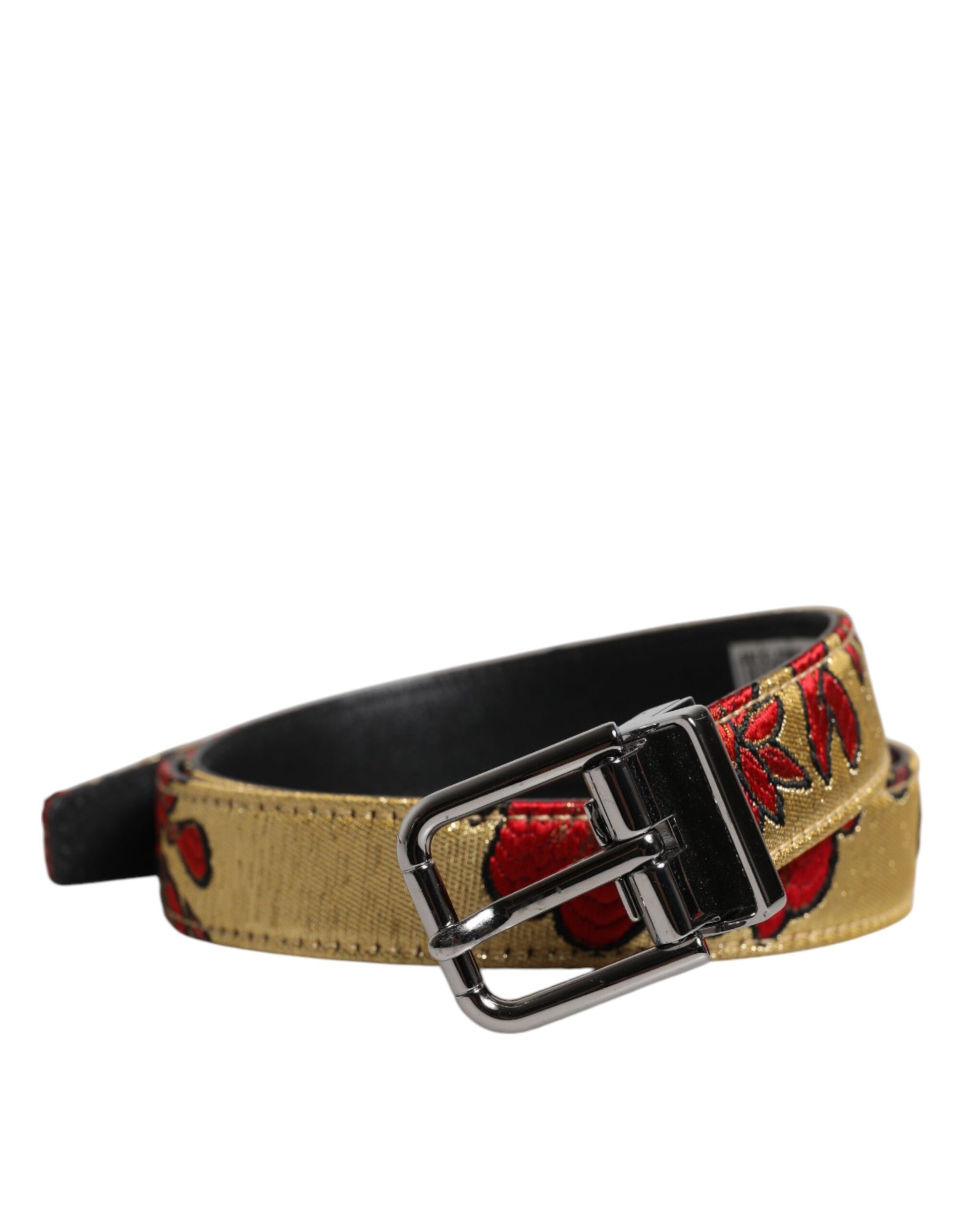 Dolce &amp; Gabbana – Goldfarbener Gürtel aus geblümtem Jacquard-Leder mit Metallschnalle