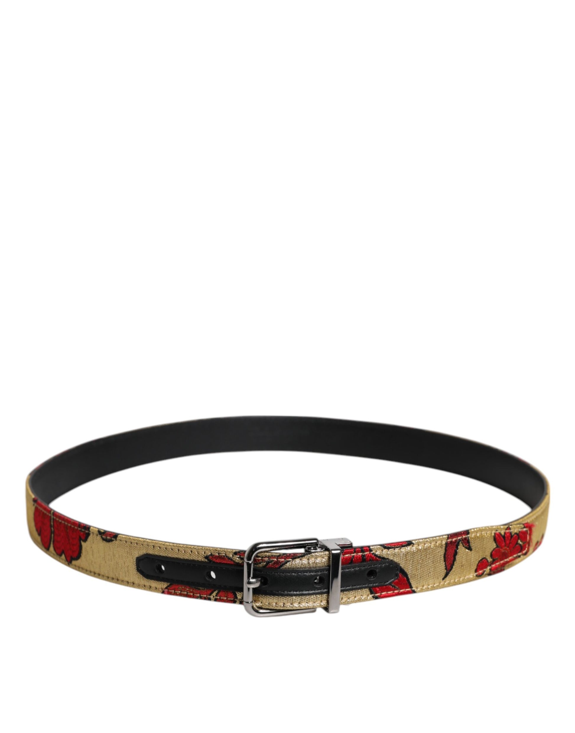 Dolce &amp; Gabbana – Goldfarbener Gürtel aus geblümtem Jacquard-Leder mit Metallschnalle
