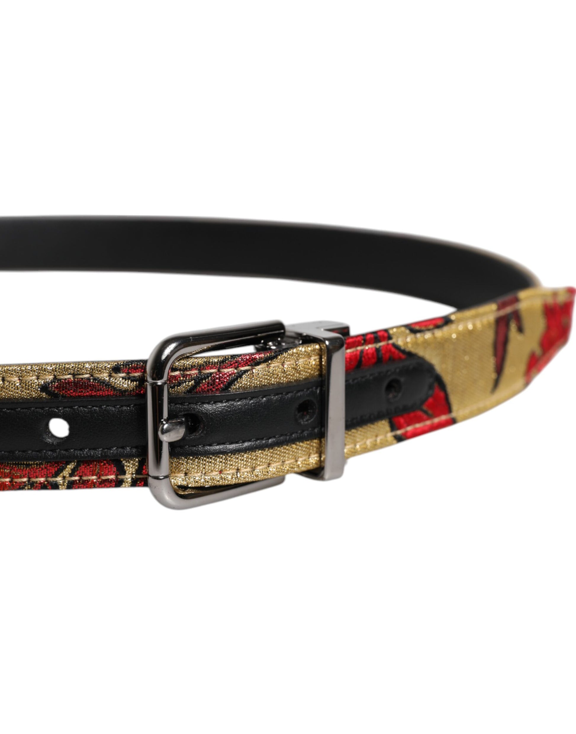 Dolce &amp; Gabbana – Goldfarbener Gürtel aus geblümtem Jacquard-Leder mit Metallschnalle
